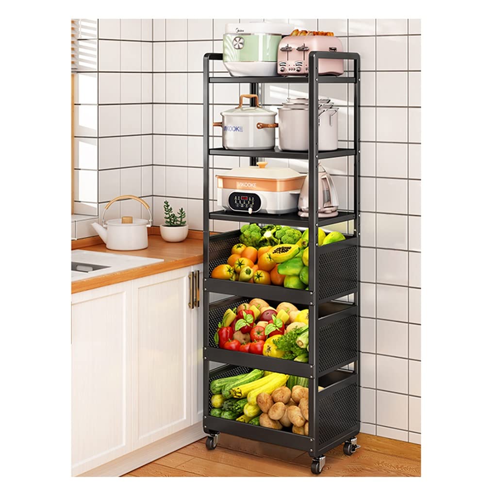 6-Tier Stackable Wire Fruit and Vegetable Storage Basket with Wheels - Kitchen Organizer Cart for Onions, Potatoes & Produce - Perfect for Pantry, Garage & Small Space Organization