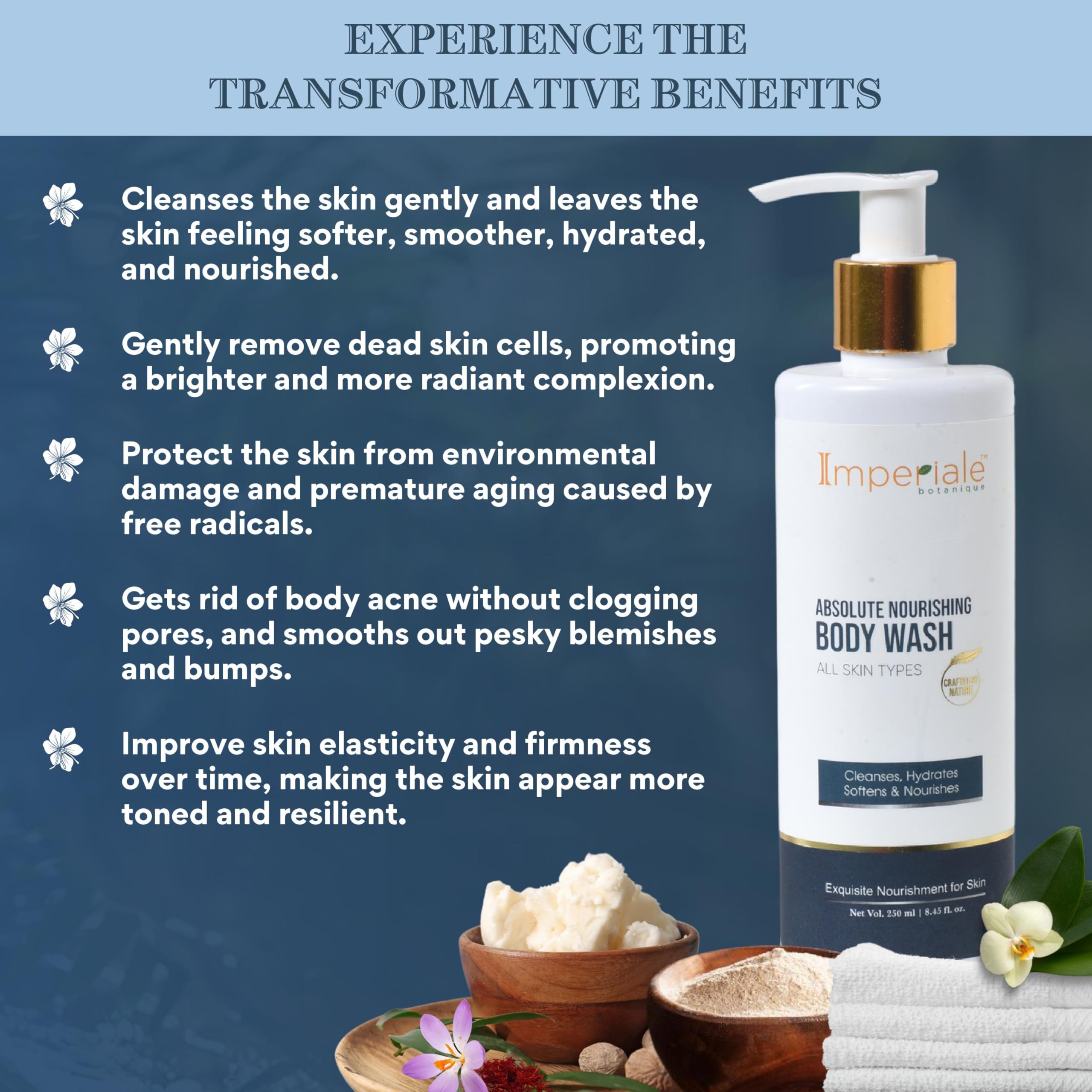 Imperiale Botanique Absolute Nourishing Body Wash with Saffron, Niacinamide & Shea Butter - FDA Approved Deep Moisturizing & Skin Softening Body Wash for Women & Men - 250ml Luxurious Herbal Shower Gel for Radiant Smooth Skin - Perfect for Daily Hydration & Spa-Like Bath Experience