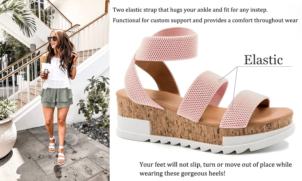 Athlefit Women's Wedge Sandals - Cork Elastic Strap Platform Sandals for Women | Comfortable Summer Shoes for Beach, Walking & Casual Outfits
