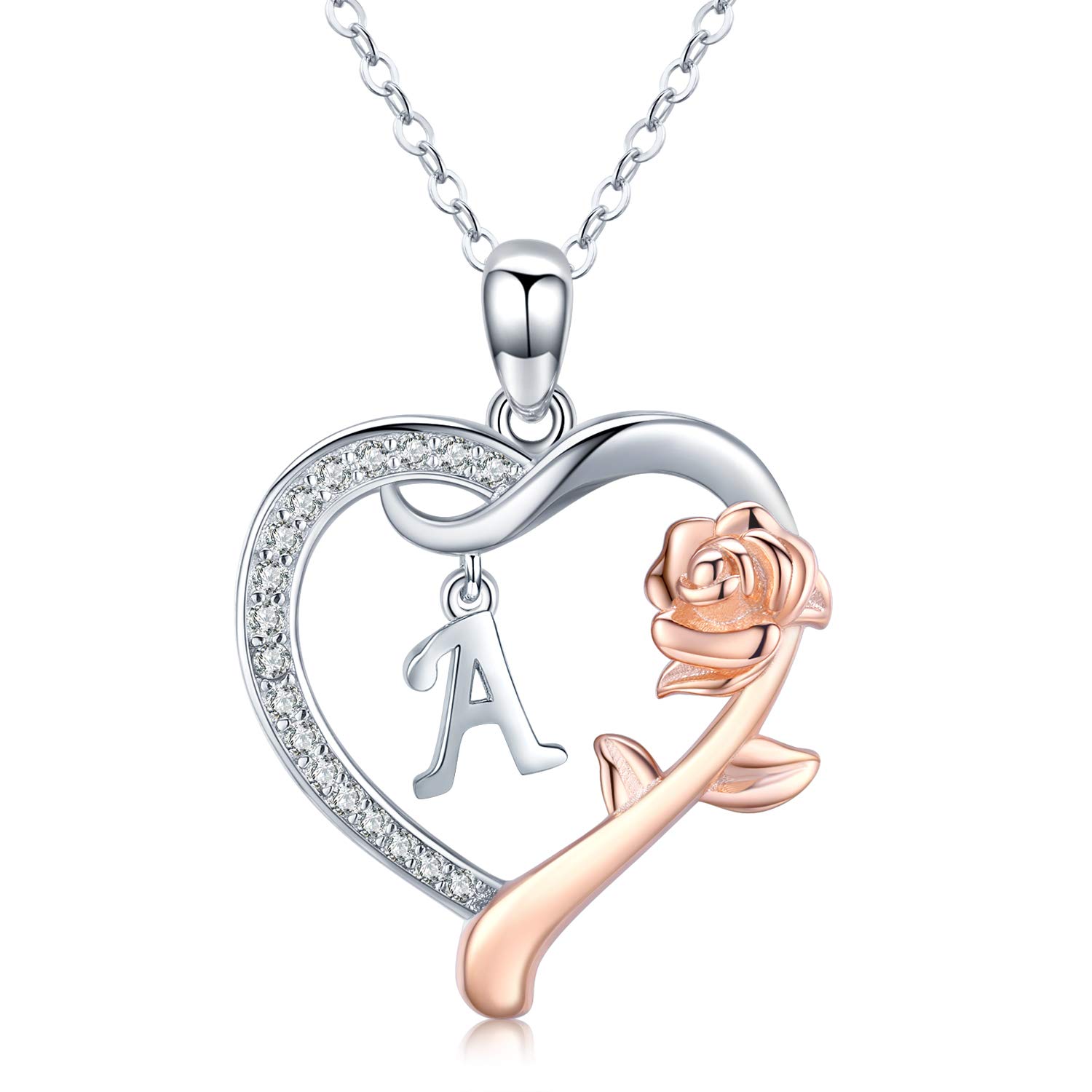 Rose Gold Initial Letter Necklace for Women - S925 Sterling Silver Heart Letter Pendant with Rose Flower Charm - Personalized Birthday Jewelry Gift for Her - Perfect for Anniversaries, Valentine's Day & Special Occasions