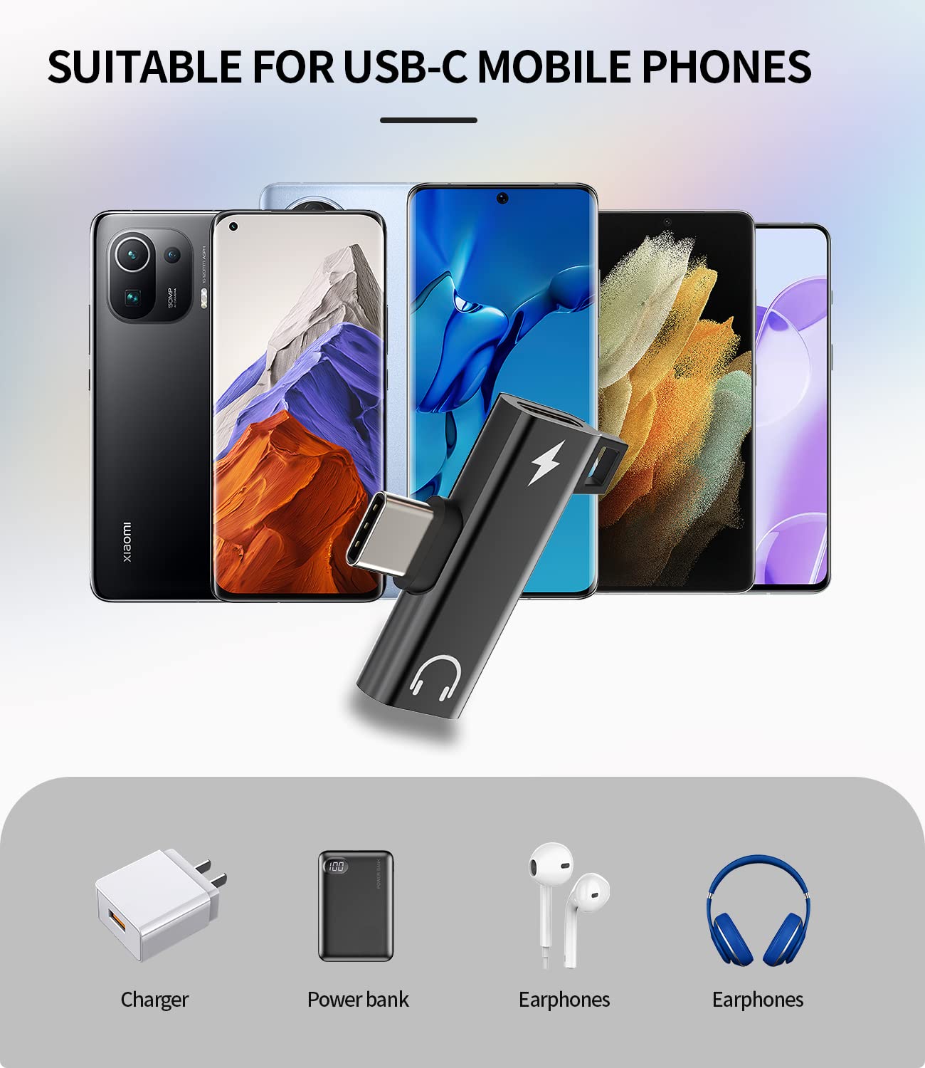Dual USB C Headphone Adapter with DAC - 2-in1 Type C to 3.5mm Audio Jack & Charging Splitter - Compatible with Samsung Galaxy S23/S22, iPhone 15 Pro Max/Plus, iPad 10/Air 4/5/Mini 6/Pro 12.9 - Perfect for Music Streaming & Gaming While Charging