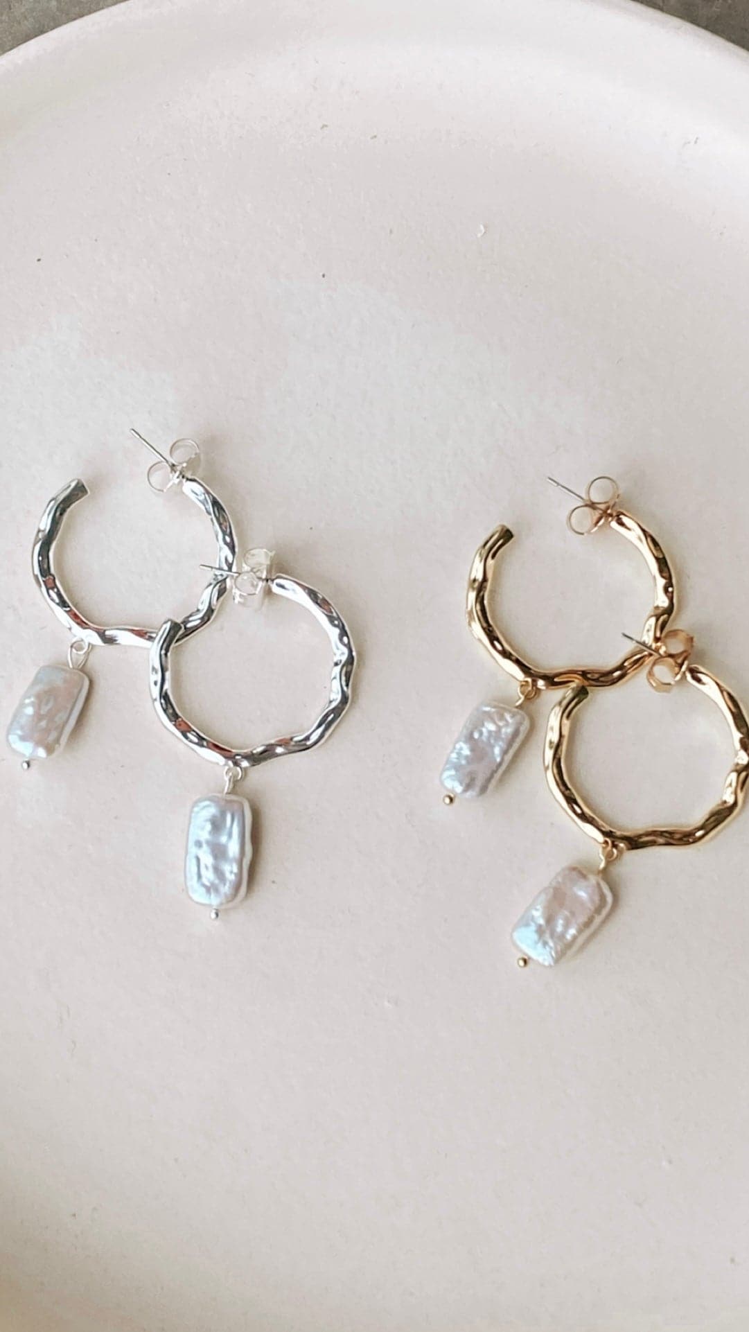 Beaten Metal Pearl Drop Hoop Earrings - Silver & Cream Dangle Earrings for Women | Perfect for Weddings, Parties & Everyday Wear