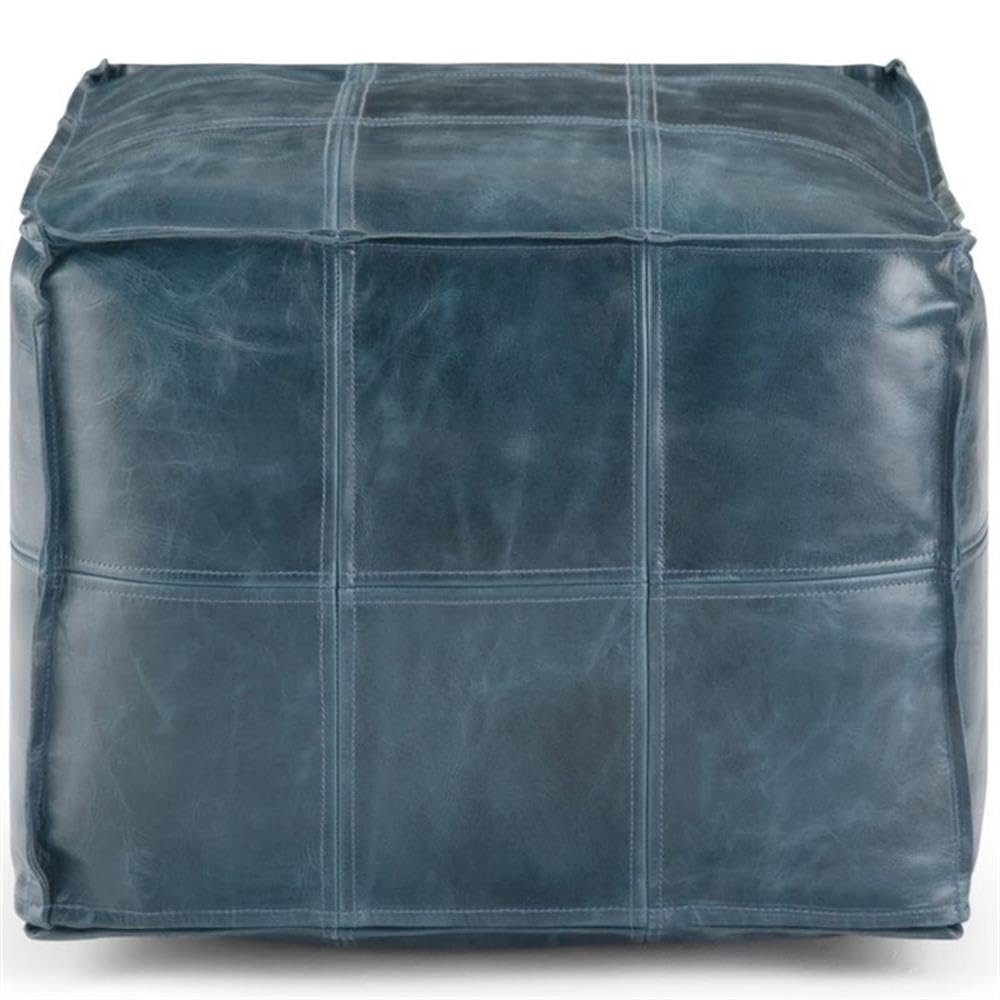 Trent Home Boho Square Pouf Ottoman in Teal Genuine Leather - Stylish Footrest & Floor Seating for Living Room, Bedroom, or Nursery Decor