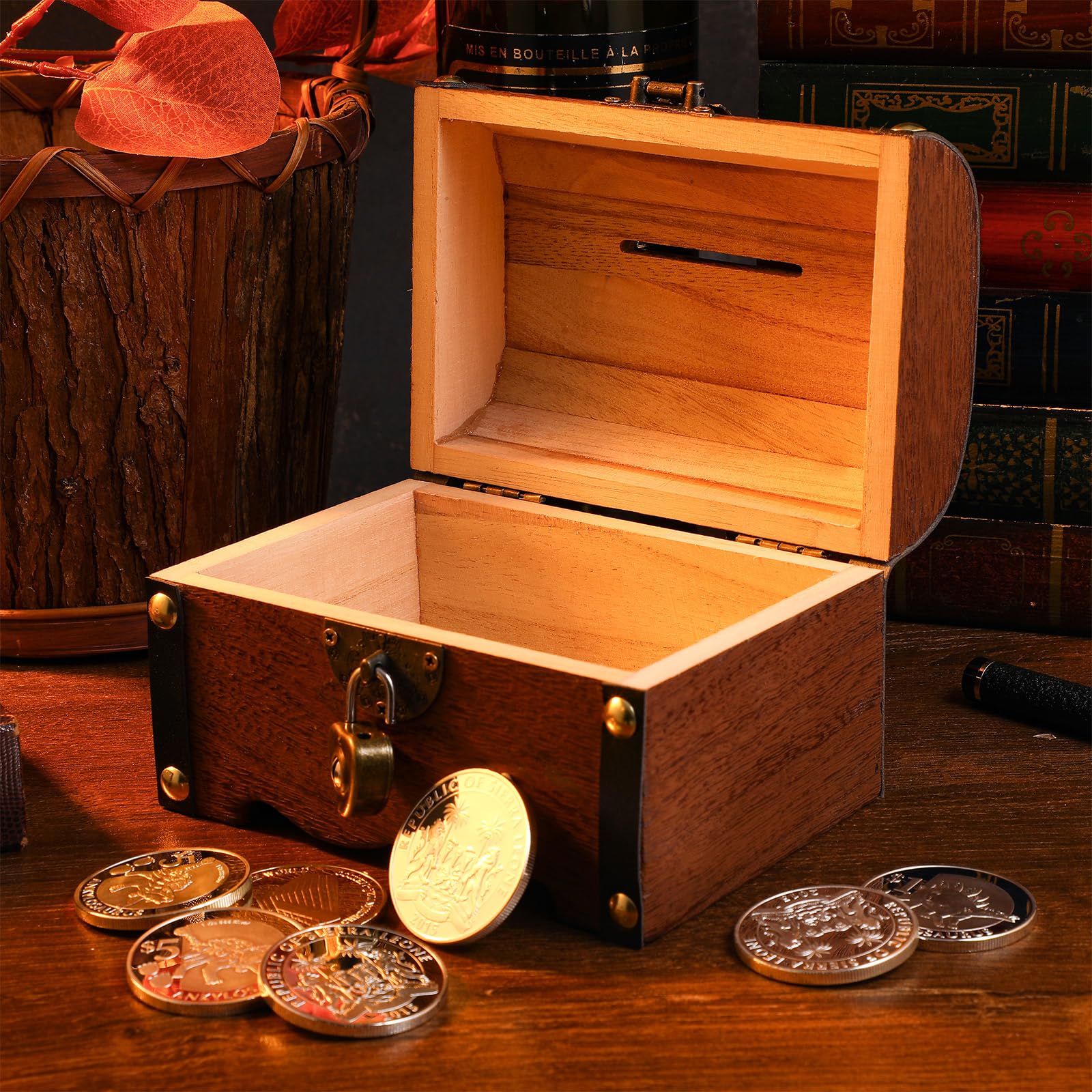 FAVOMOTO Wooden Pirate Treasure Chest Box - Antique Retro Piggy Bank with Love Lock & Keys, Handmade Jewelry Storage Box for Money, Coins & Valuables | Perfect for Home Decor, Gift Giving & Themed Parties