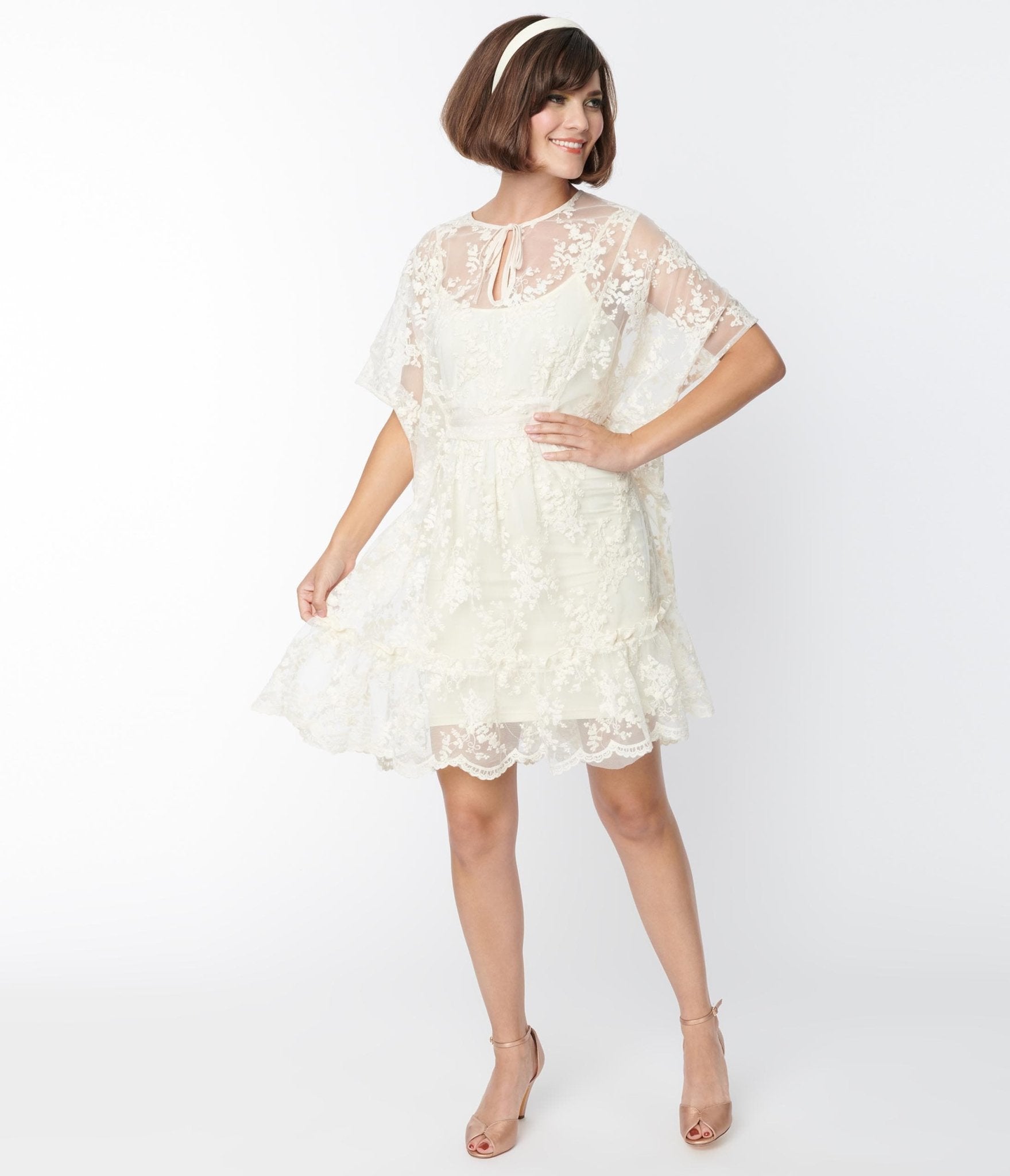 Vintage 1970s Smak Parlor Ivory Embroidered Lace Mini Caftan Dress - Boho Chic Summer Beach Cover Up & Festival Outfit