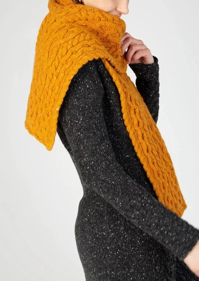Ireland's Eye Aran Luxe Scarf - Premium Wool Knit Wrap in Mustard Yellow | Warm Winter Accessory for Women, Perfect for Cold Weather, Outdoor Activities & Fashion Styling