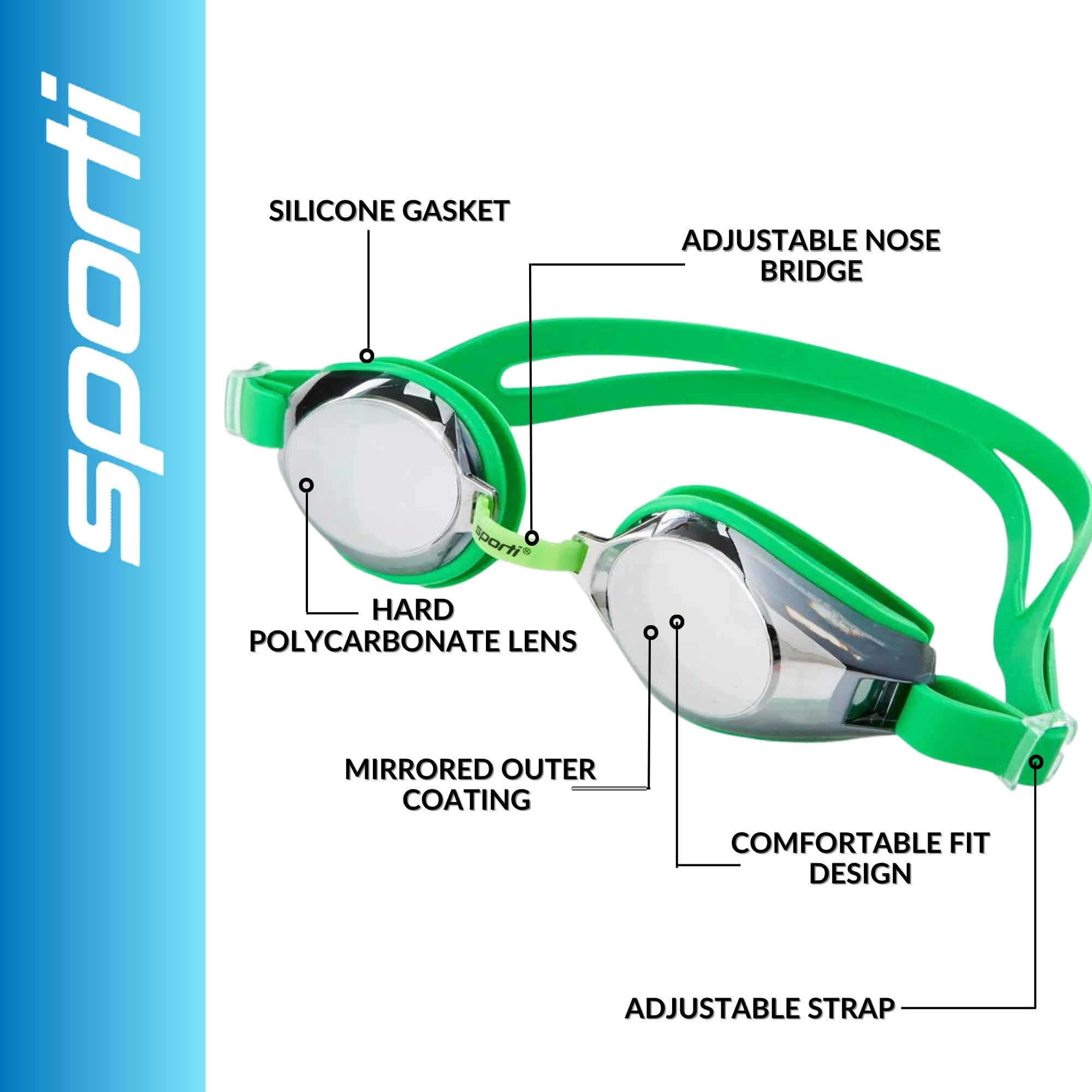 Sporti Unisex Adult Swimming Goggles - Anti-Fog & Shatter-Resistant Swim Goggles for Men & Women with Mirror/Non-Mirror Lens Options | Perfect for Lap Swimming, Triathlon Training & Recreational Water Sports