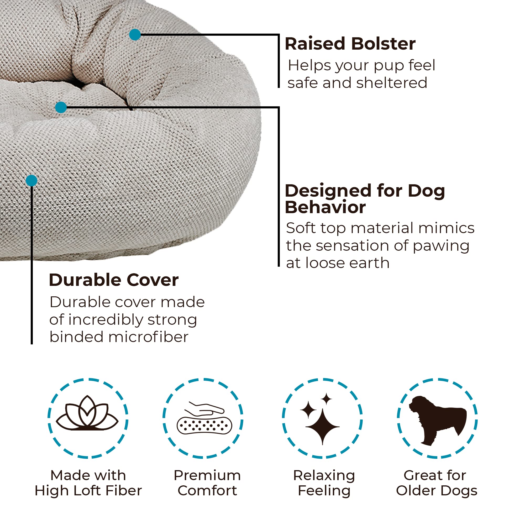 Bowsers Aspen Chenille Donut Dog Bed - Calming Orthopedic Pet Bed with Removable Tufted Cushion & Overstuffed Bolster, Medium Size - High Memory Polyester Fiber & Premium Upholstery Fabric for Small/Medium Dogs - Perfect for Anxiety Relief, Crate Training & Cozy Napping Spots