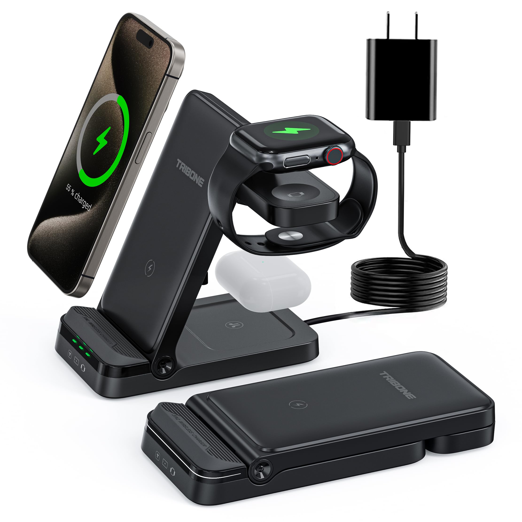 Tribone 3-in-1 Foldable Fast Wireless Charger for iPhone 16/15/14/13/12/11 Pro Max/XS/XR/8 Plus, Apple Watch 10/9/8/7/6/5/4/3/2/SE/Ultra & AirPods Pro 4/3/2 - Black | Multi-Device Charging Station for Home, Office & Travel