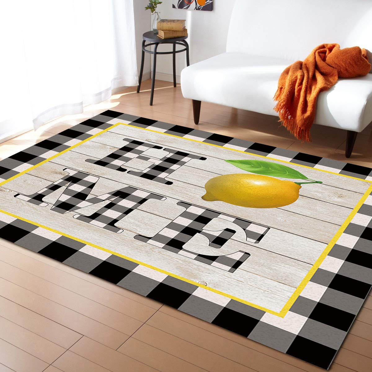 4'x7' Yellow Fruit Lemon Black & White Lattice Area Runner Rug - Washable Indoor/Outdoor Carpet for Kitchen, Living Room, Bathroom, Bedroom, Classroom & Laundry Room - Retro Farmhouse Doormat for Entryway, Hallway & Home Decor