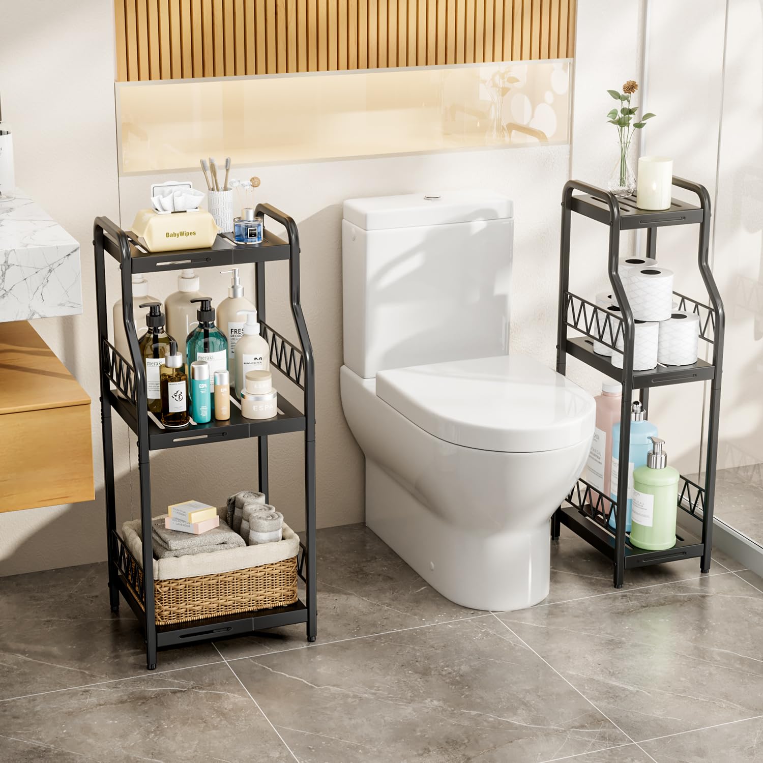 HapiRm 3-Tier Expandable Narrow Bathroom Shelf Organizer - Free Standing Metal Storage Rack for Bathroom, Kitchen & Laundry - Space Saving Slim Cabinet for Toiletries, Towels & Cleaning Supplies (Black) - Perfect for Small Spaces & Apartment Organization