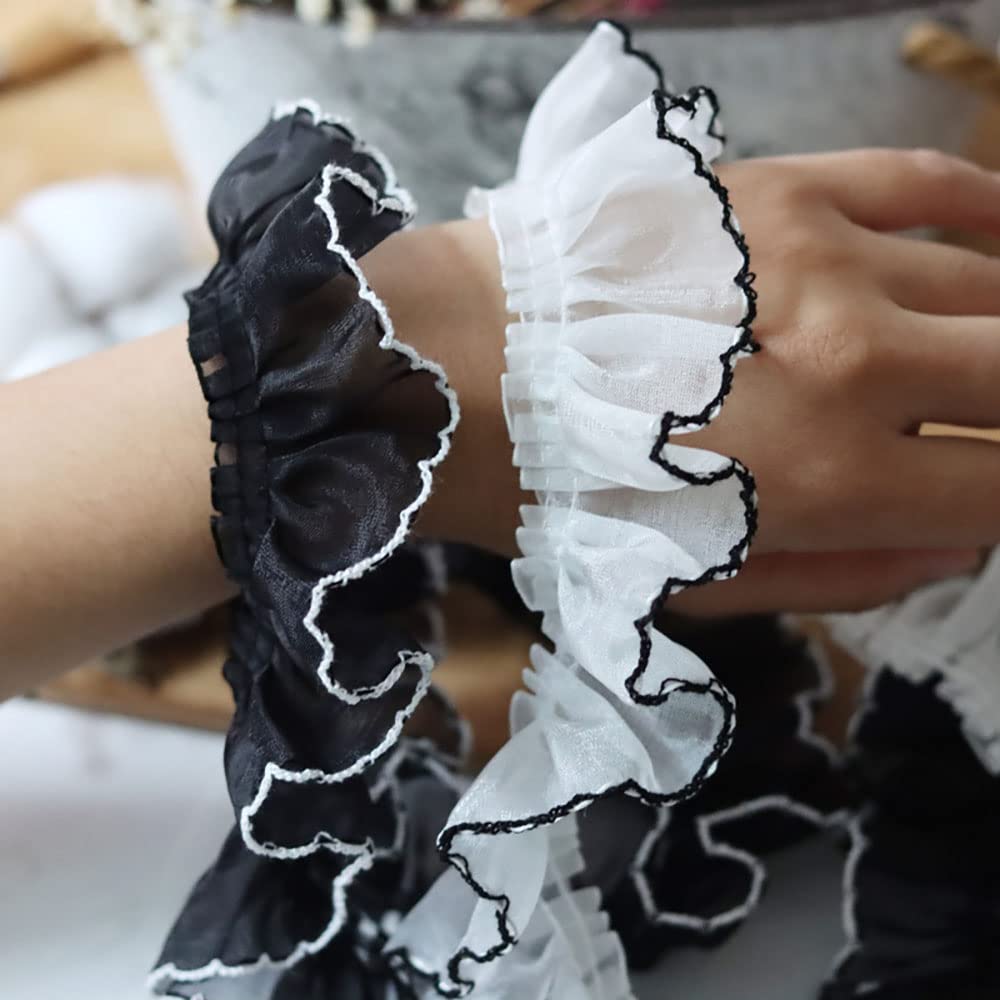 Black and White Ruffled Pleated Lace Fabric - 3 Yards Chiffon Trim for Dress Decoration, Tulle Applique, DIY Sewing & Craft Projects - Perfect for Wedding Dresses, Costumes, and Home Decor