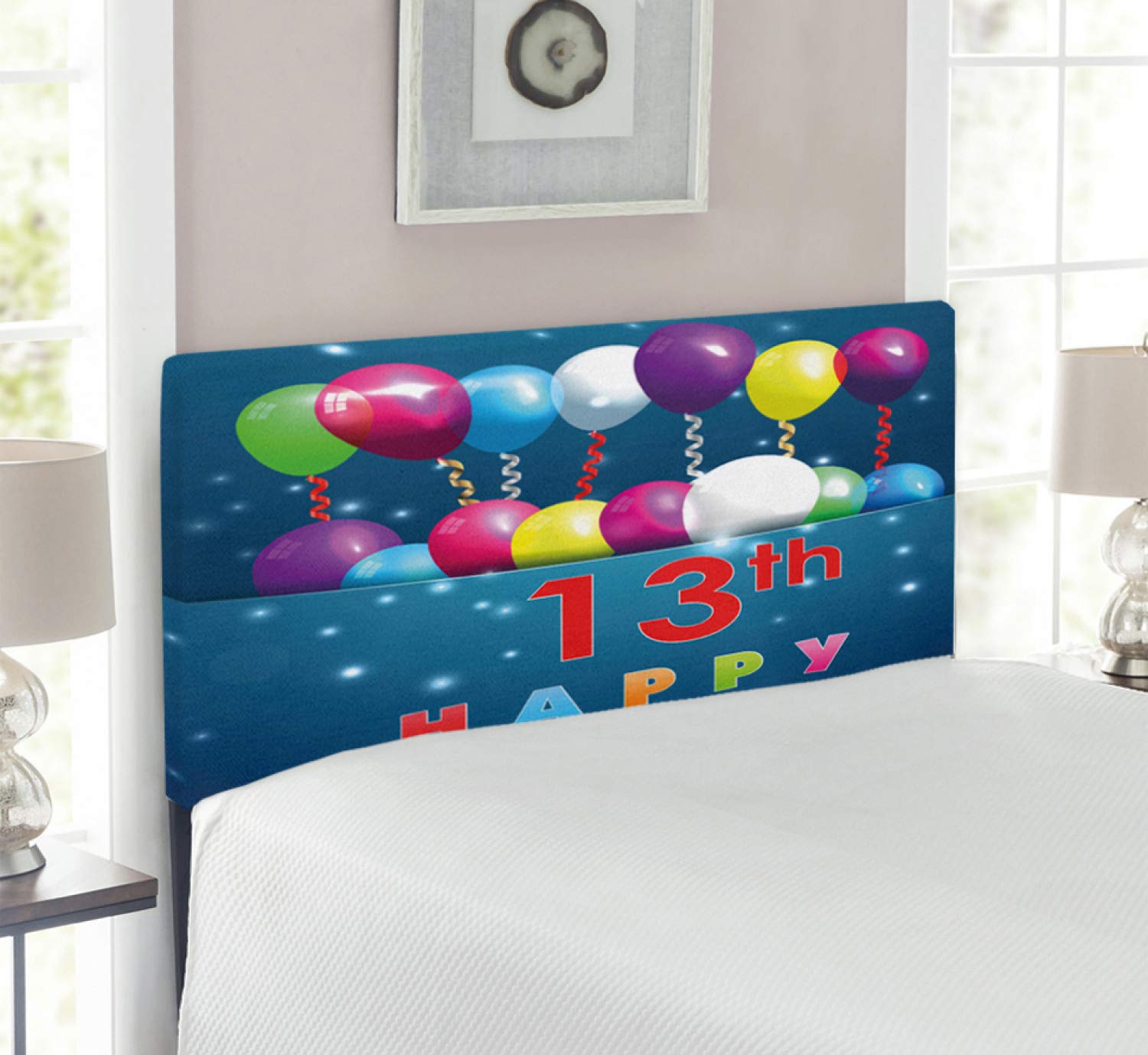Ambesonne 13th Birthday Headboard - Colorful Upholstered Twin Size Metal Bed Headboard with Memory Foam | Teen Party Decor with Balloons, Ribbons & Stars | Perfect for Birthday Celebrations & Bedroom Makeovers