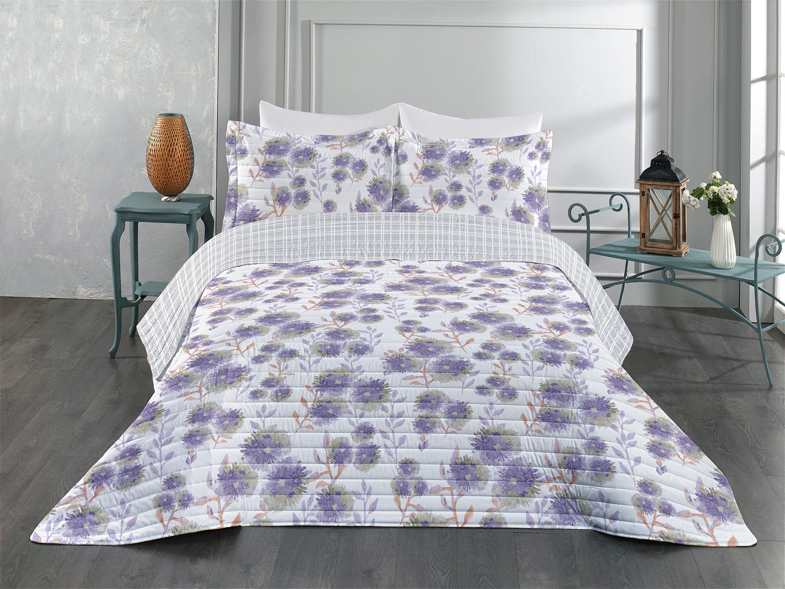 Ambesonne Floral Reversible Comforter Set - Queen Size Farmhouse Style Bedding with Dandelion Watercolor Print, Includes Pillow Shams & Bedspread in Violet Pale Khaki | Microfiber Reversible Duvet Cover for Cozy Bedroom Decor, Guest Room & Vacation Home Styling
