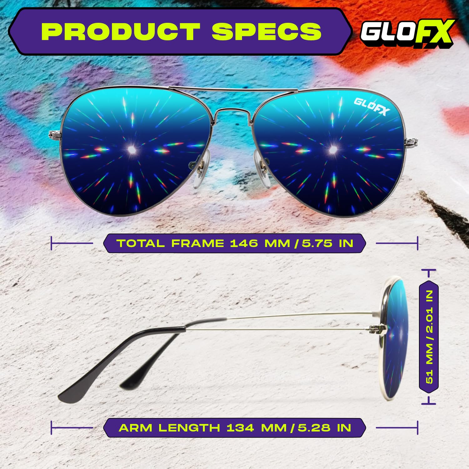 GloFX Diffraction Glasses - Hippie & Pilot Style Metal Frame Sunglasses with Mirror Lens & 3D Prism Rainbow Effect for Music Festivals, Raves, and Light Shows
