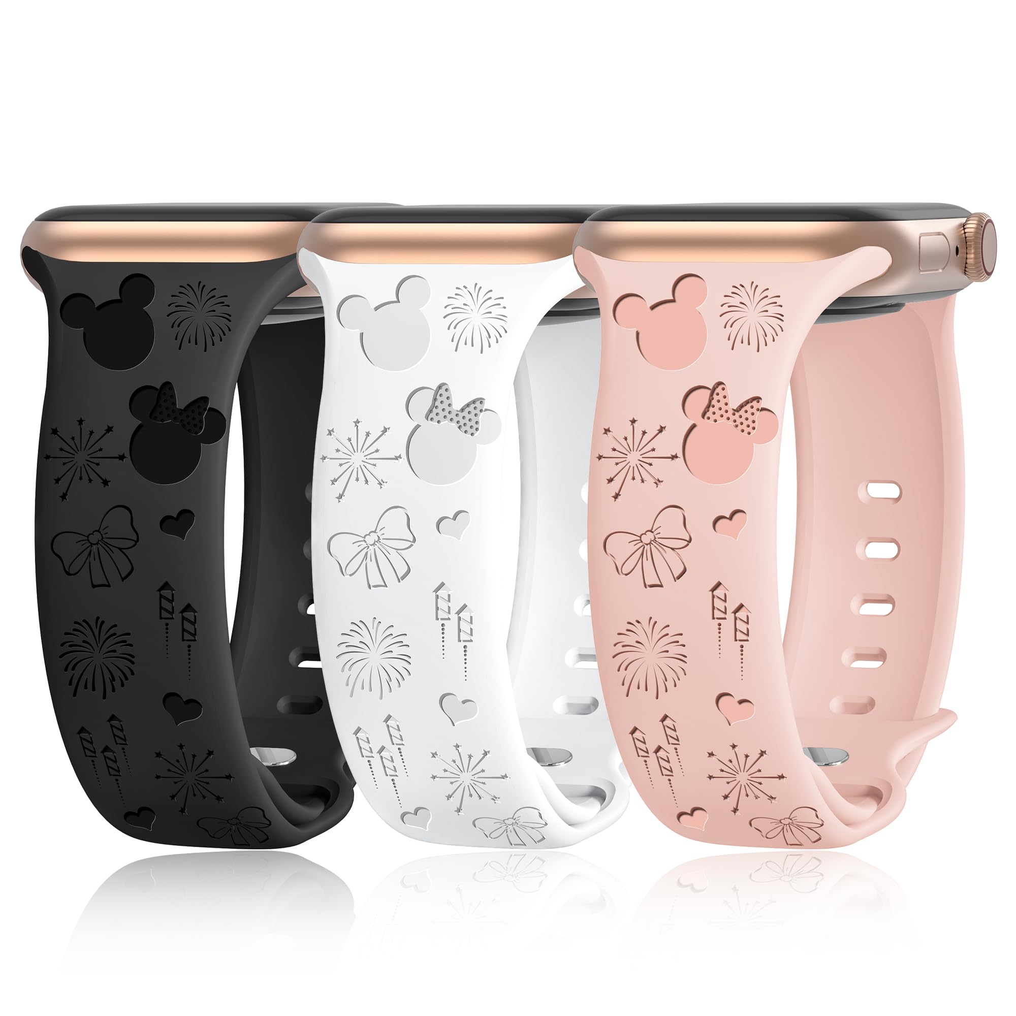 3 Pack Engraved Apple Watch Bands for Women - Soft Silicone Sport Strap Compatible with 38mm 40mm 41mm 42mm 44mm 45mm iWatch Series 9/8/7/6/5/4/3/2/1/SE - Cute Wristband for Workout, Running & Daily Wear