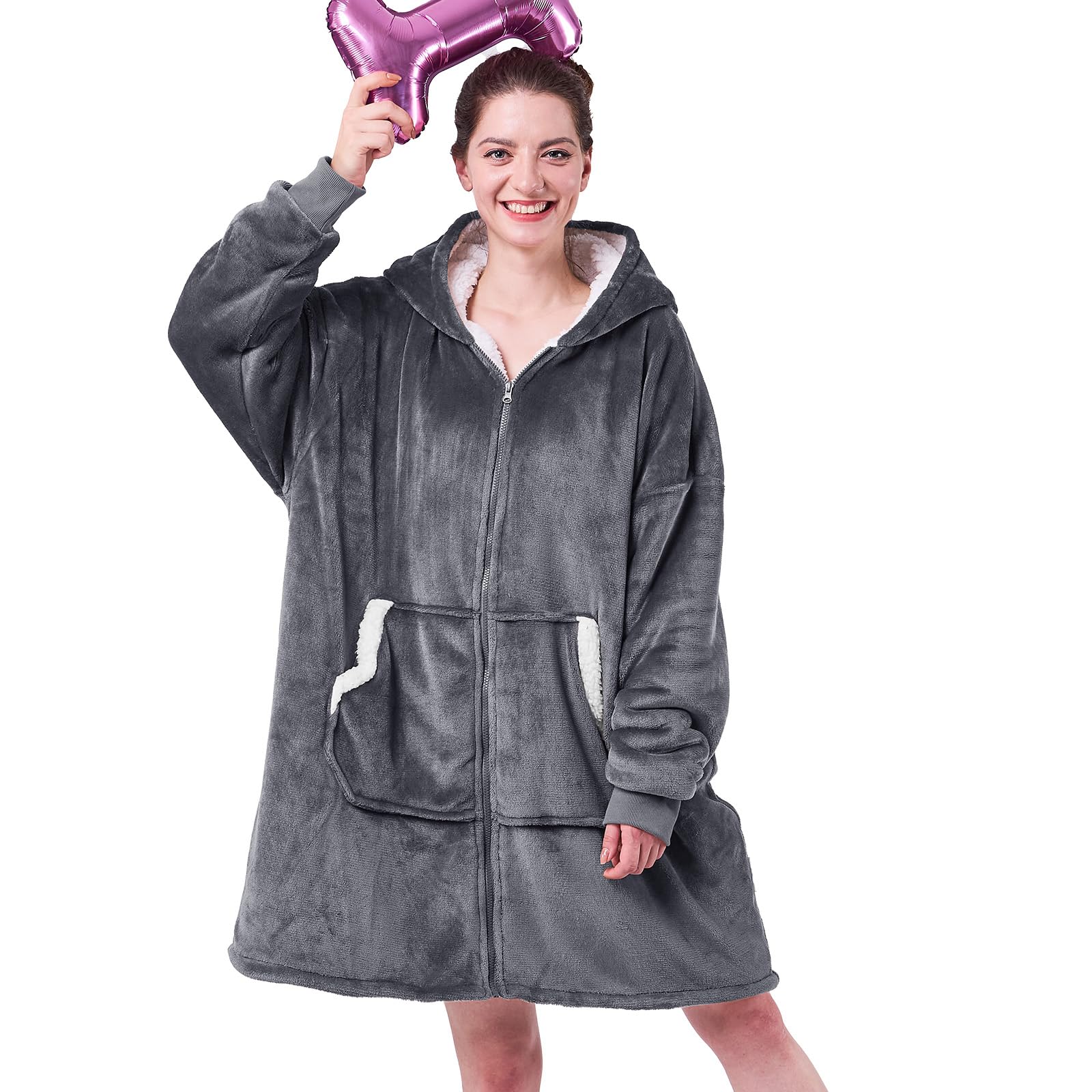 JOYWOO Wearable Blanket Hoodie - Oversized Sherpa Hooded Sweatshirt with Giant Pocket for Women & Men | Cozy Winter Gifts for Mom, Birthday Presents | Perfect for Lounging, Movie Nights & Cold Weather (Grey)