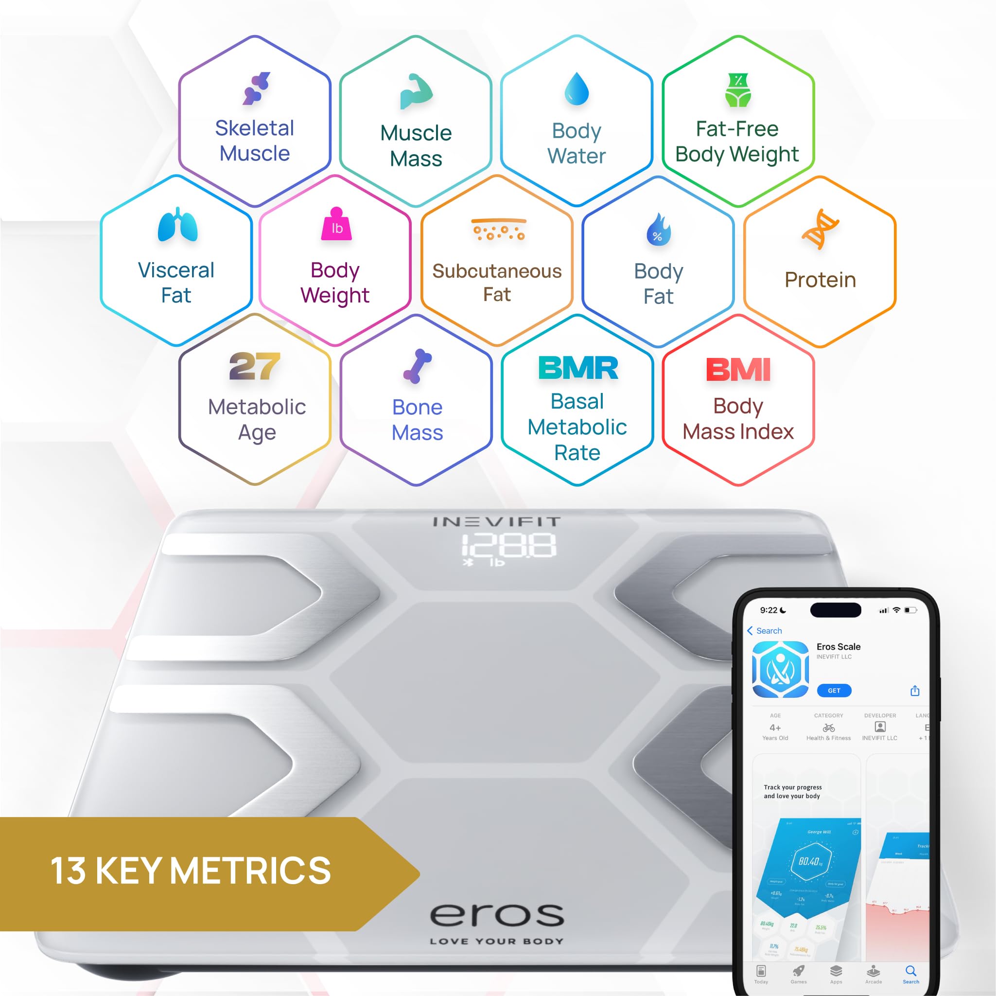 INEVIFIT EROS Bluetooth Smart Body Fat Scale & Digital Kitchen Scale - Fitness Bundle with Body Composition & Nutrition Tracking - Includes Batteries - Perfect for Home Gym & Healthy Cooking
