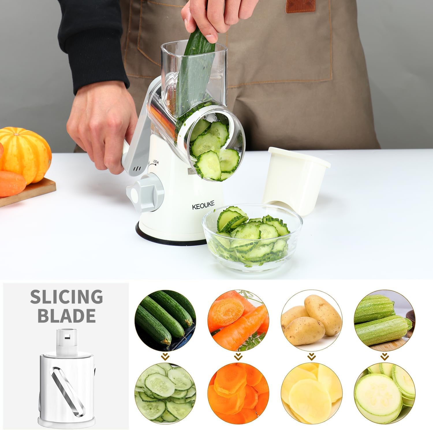 Cambom Rotary Cheese Grater - Hand Crank Cheese Shredder for Fresh Cheese, Vegetables & Nuts - Non-Slip Suction Base with 3 Blades & Free Cleaning Brush - Perfect for Pizza, Pasta, Salads & Baking (White)