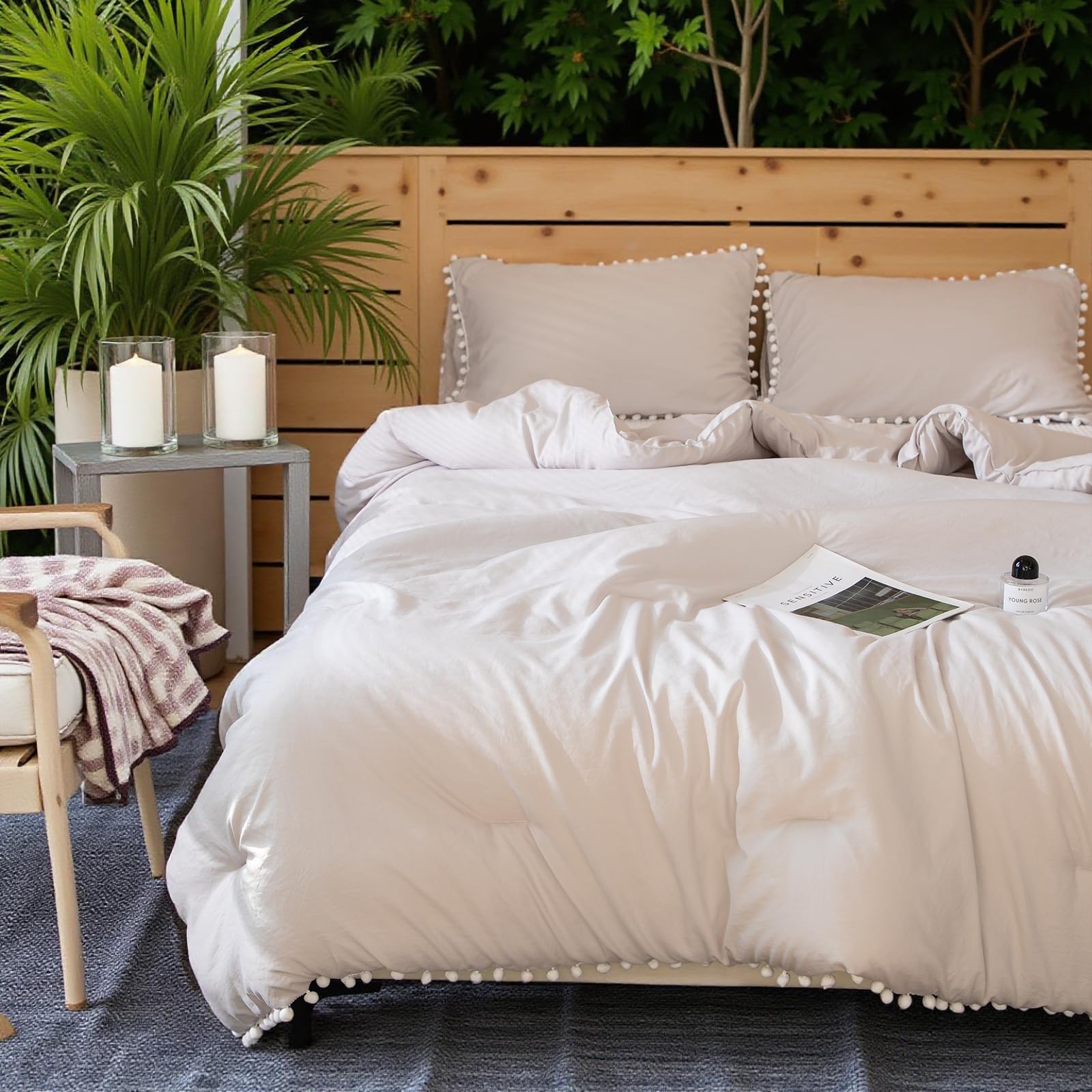Boho King Comforter Set - Soft Beige Bedding with Pom Fringe for Farmhouse Style Bedrooms