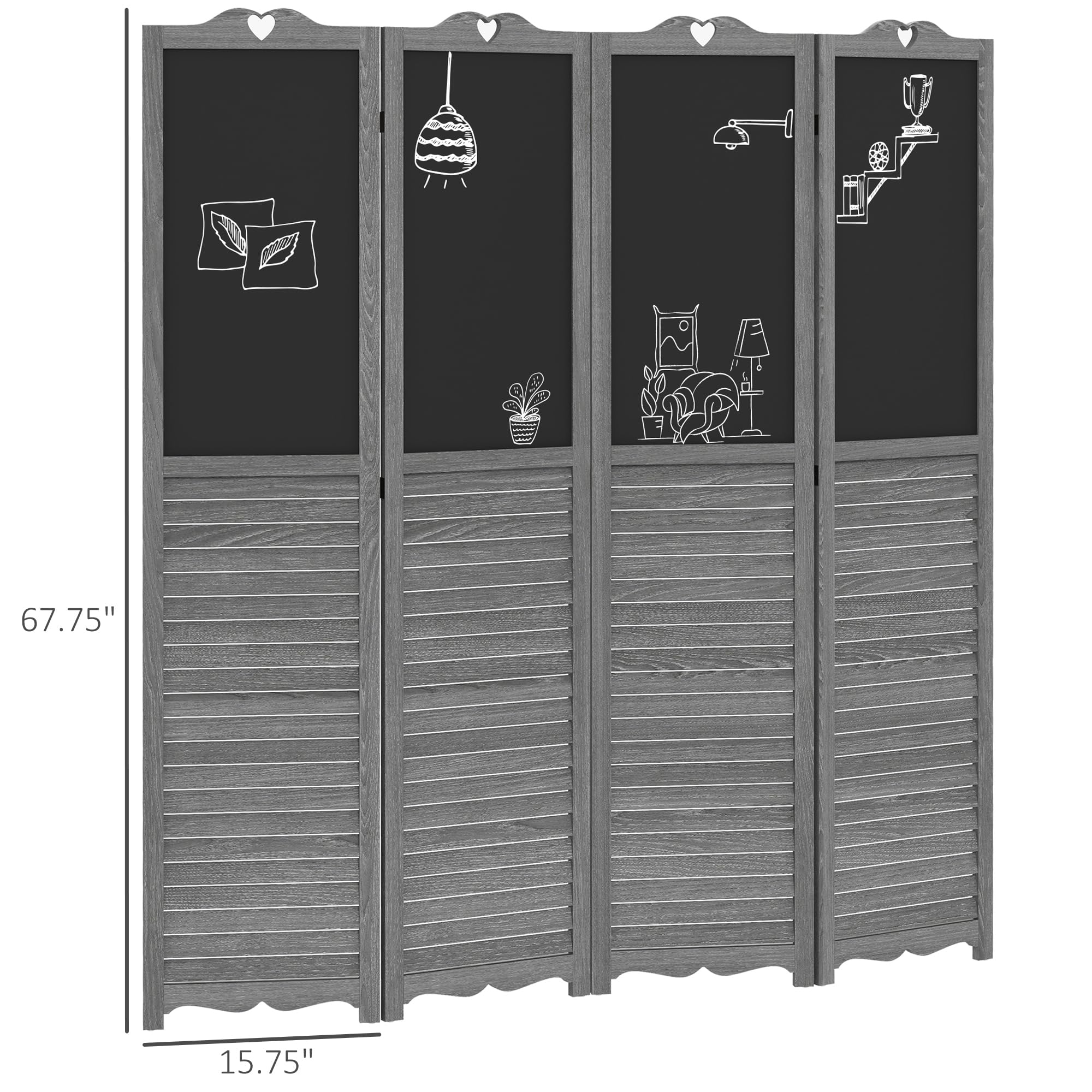 HOMCOM 4-Panel Folding Room Divider with Blackboard - 5.5 Ft Tall Freestanding Privacy Screen for Bedroom, Office, or Classroom - Gray - Perfect for Space Partition, Home Decor, and Creative Writing Surfaces
