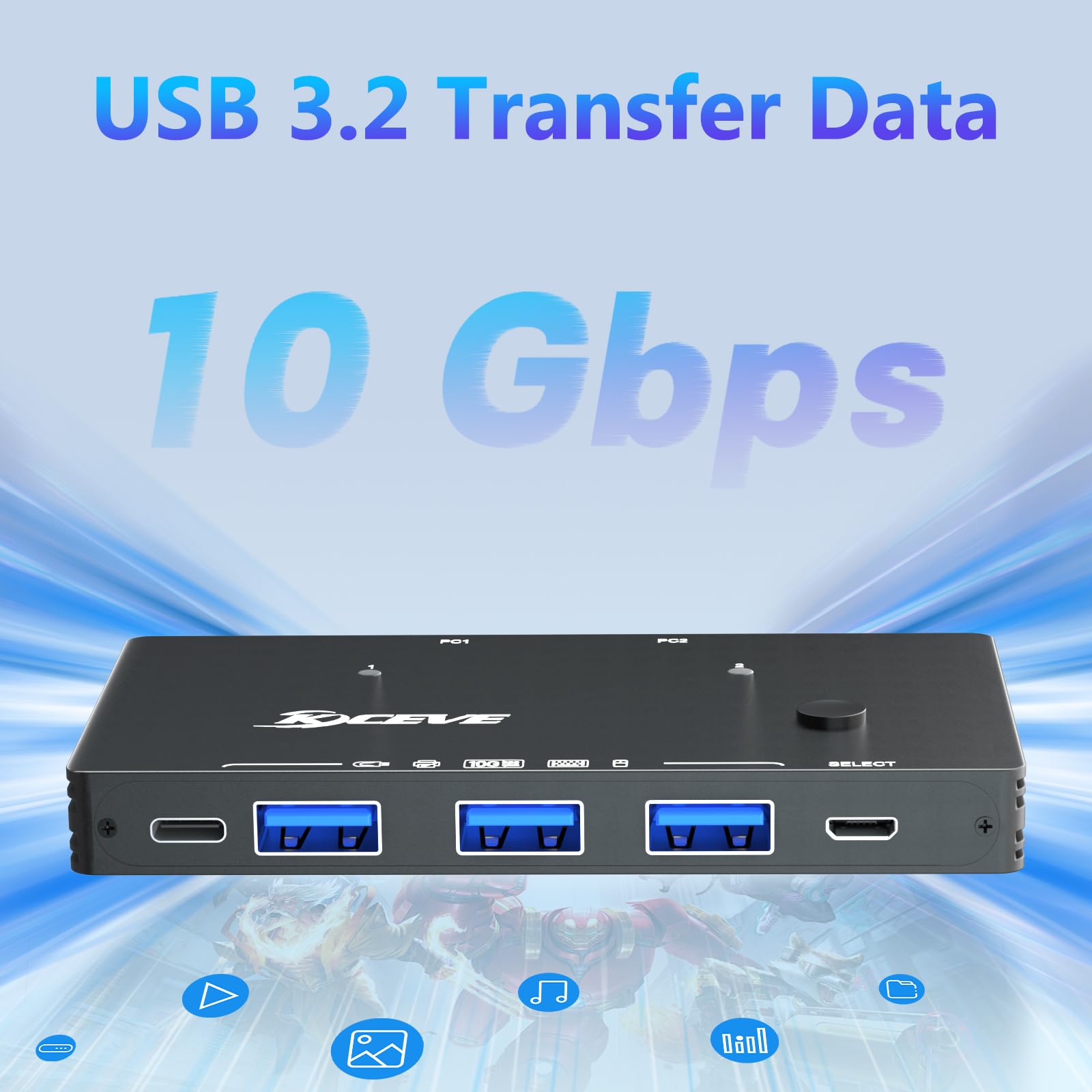 KCEVE USB 3.2 10Gbps 2-Port USB C Switch - 2 Input 4 Output USB 3.0 Hub for Sharing Printer, Scanner, Mouse & Keyboard Between 2 Laptops - Includes 2 USB C to C Cables - Perfect for Home Office & Multi-Device Workstations