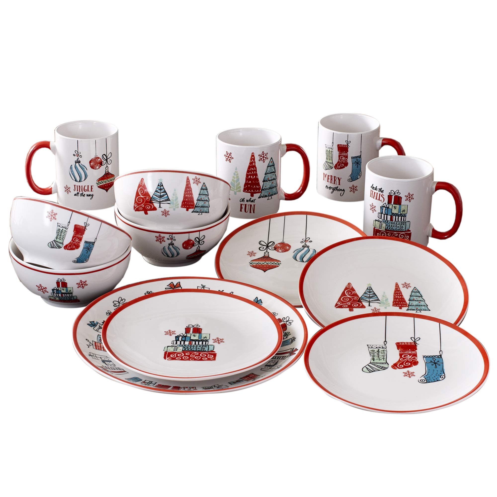 American Atelier Holiday Christmas Round Dinnerware Set – 16-Piece Stoneware Party Collection with 4 Dinner Plates, 4 Salad Plates, 4 Bowls & 4 Mugs – Unique Gift Idea, 10.5 Inch, White and Red – Perfect for Christmas Dinner, Holiday Parties & Family Gatherings