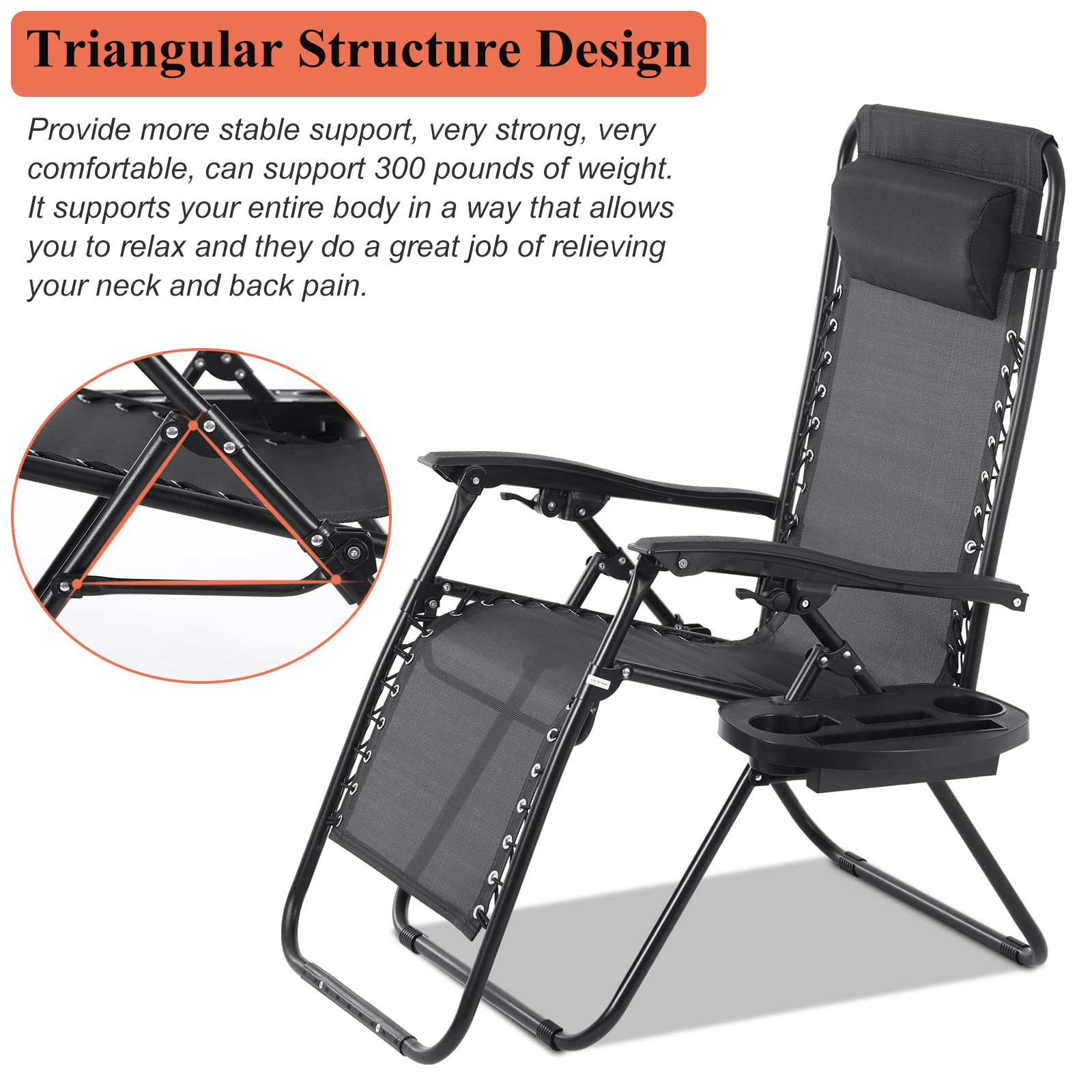 Premium Zero Gravity Reclining Chair with Pillow & Cup Holder - Adjustable Folding Outdoor Lounge Chair for Patio, Poolside, Camping & Backyard Relaxation - Breathable Mesh Fabric & Durable Steel Frame - Black