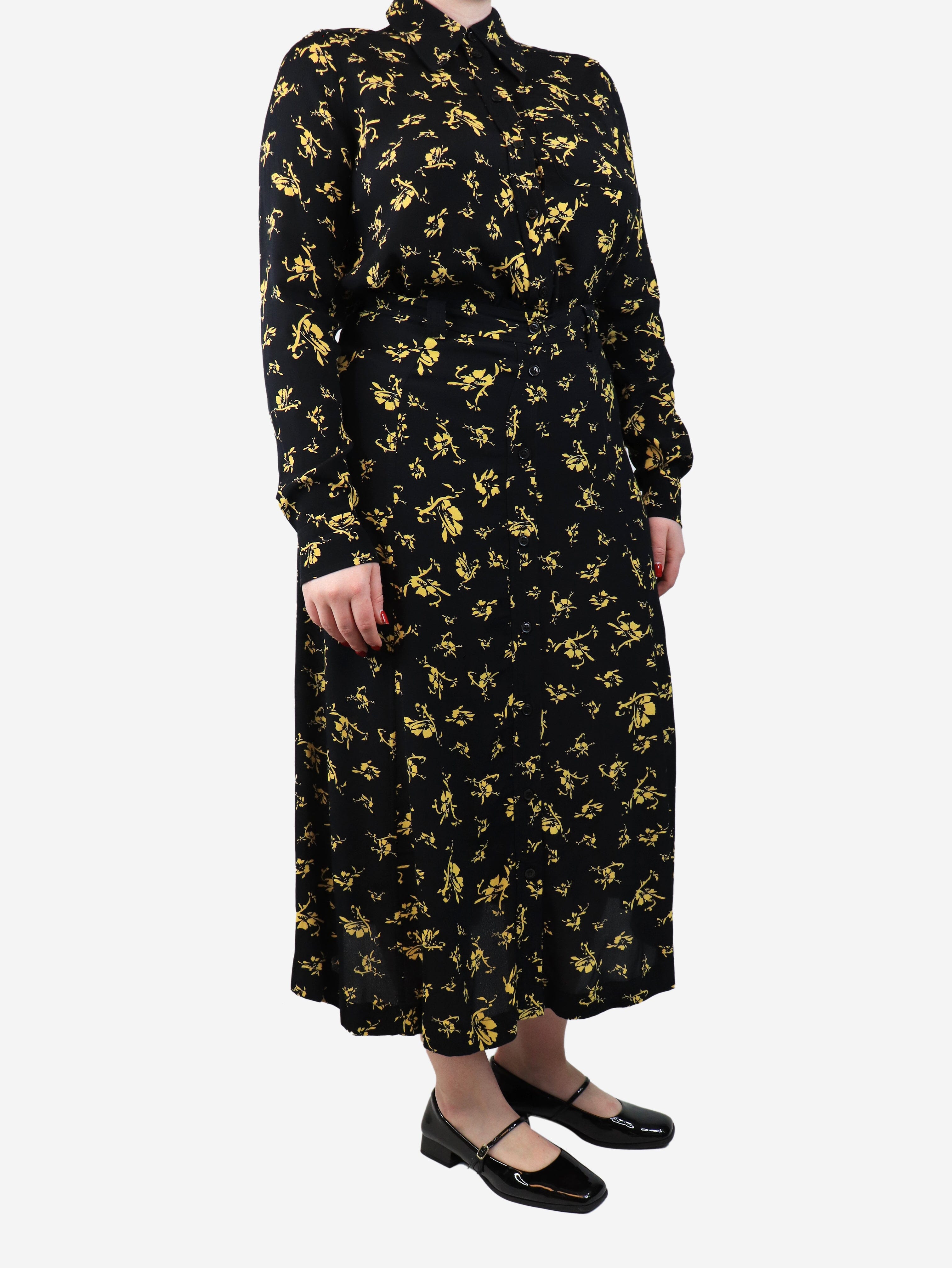 Black and Yellow Floral Print Shirt & Midi Skirt Set - UK Size 12 | Women's Summer Outfit for Beach, Vacation & Casual Wear