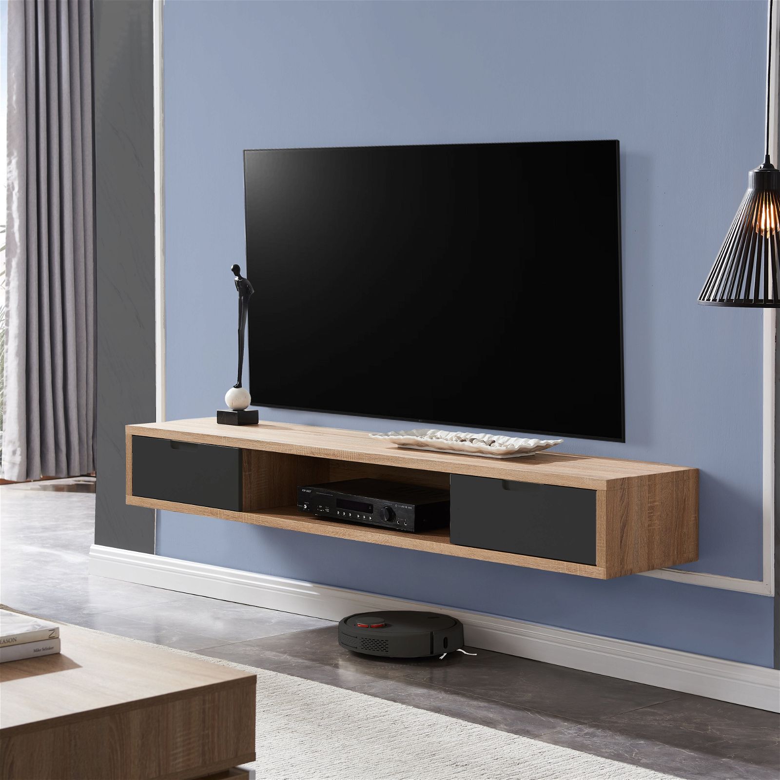 Wall Mounted TV Stand with Oak Finish & Gray Drawers - 1500mm Modern Entertainment Center by Criterion - Perfect for Living Room, Bedroom & Home Theater Setup