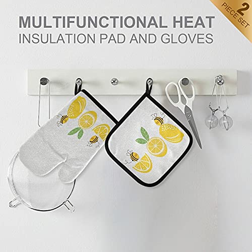 Lemon Bee Oven Mitts & Pot Holder Set - Heat Resistant Kitchen Gloves for Cooking, Baking, BBQ & Grilling - Cute Summer Yellow Kitchen Decor - Recycled Materials - Perfect for Home Cooking, Outdoor Grilling & Hosting Parties
