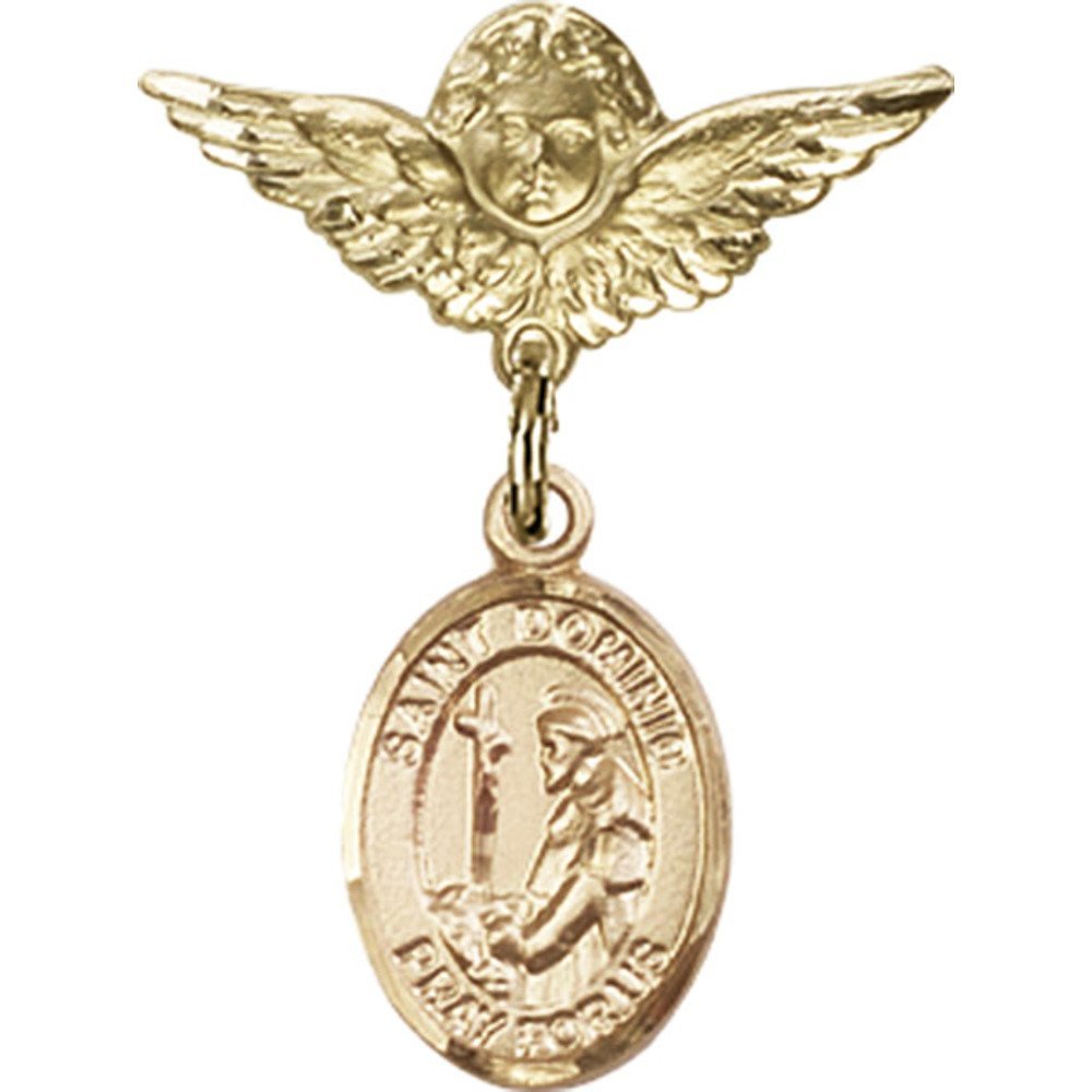 Gold Filled Baby Badge with St. Dominic de Guzman Charm & Angel Wing Pin - 1 X 3/4 Inch Religious Jewelry for Baptism, First Communion & Christening Gifts