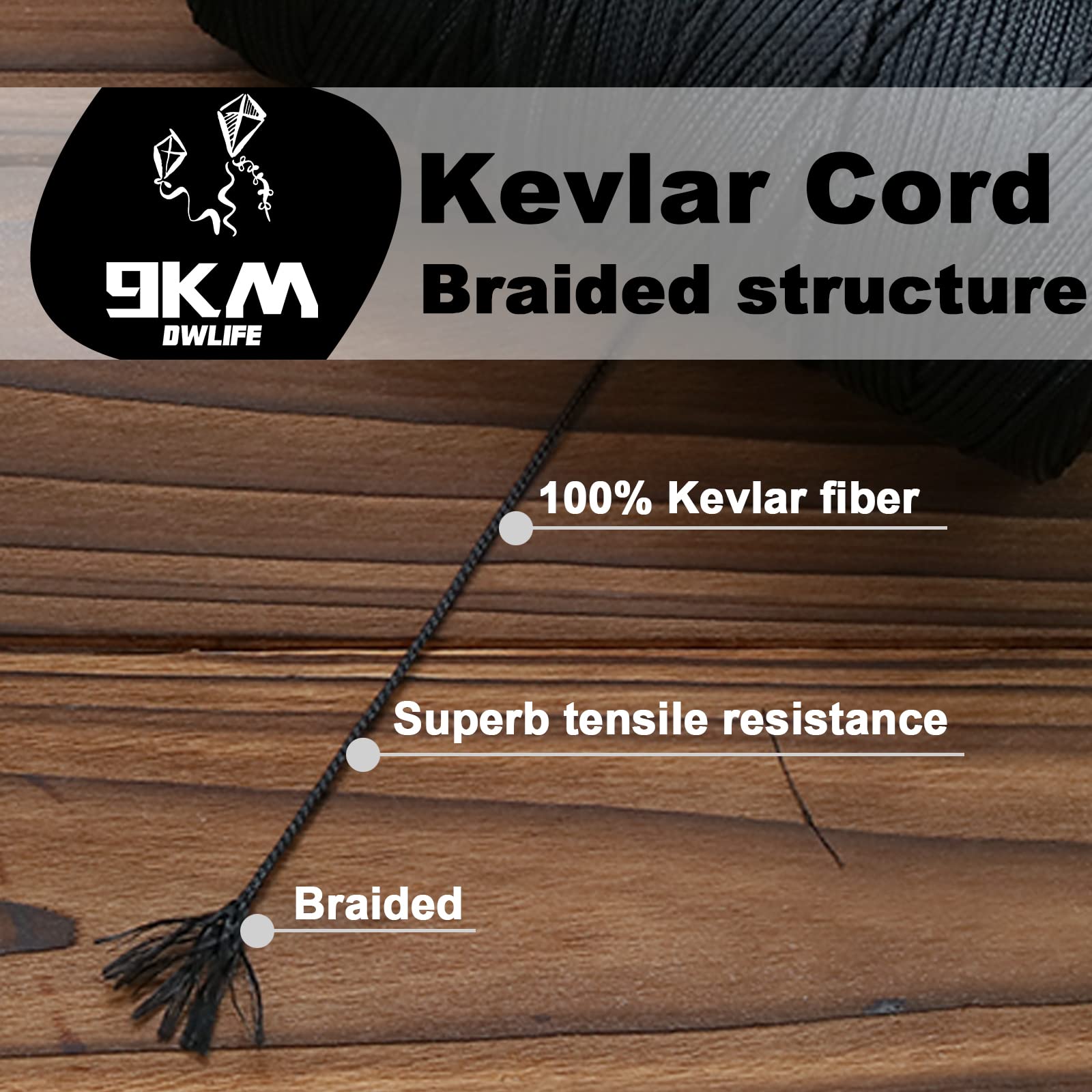 9KM DWLIFE Black Braided Kevlar Cord - 500-1500lb Heavy Duty Rope for Kites, Model Rockets, Fishing & Outdoor Survival | Camping, Hiking & Emergency Use