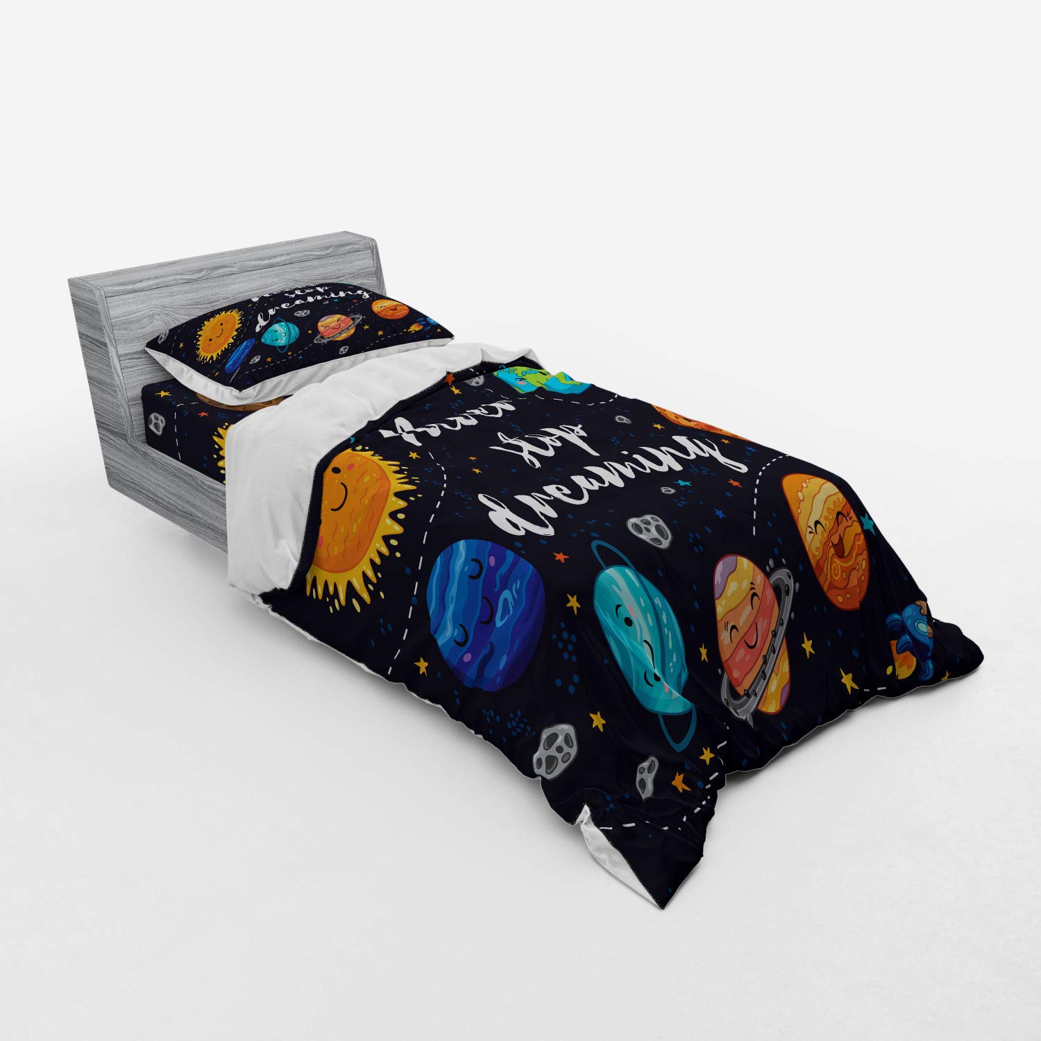 Ambesonne Galaxy Duvet Cover Set - 3 Piece Outer Space Solar System Comets Stars Moon Bedding with Sham & Fitted Sheet, Twin Size, Multicolor - Perfect for Kids Room, Space Themed Bedroom & Astronomy Lovers