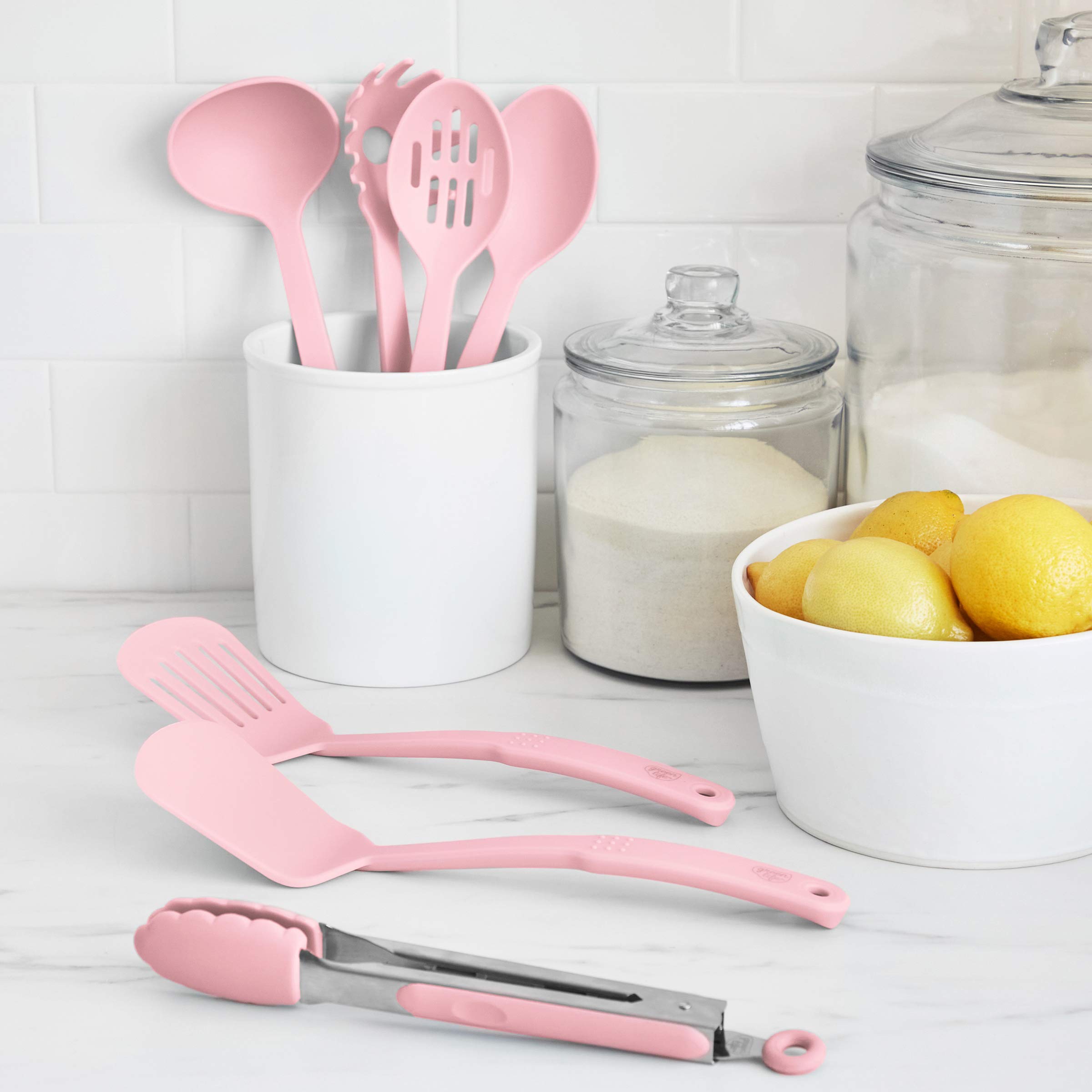 GreenLife 7-Piece Nonstick Cooking Utensil Set - BPA-Free Nylon Spatulas, Turner, Spoons & Tongs - Heat Resistant Kitchen Tools for Baking, Frying & Sauteing - Pink Kitchen Accessories for Home Chefs