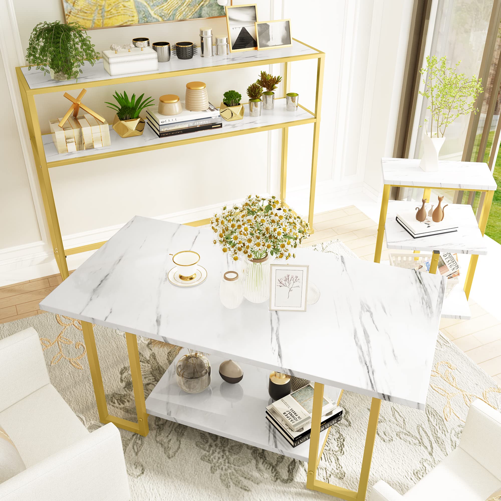 Mid-Century Modern Coffee Table Set of 3 - Faux Marble Top & Metal Frame Living Room Tables with Storage Shelves - Square End Tables for Bedroom, Office - Easy Assembly - Perfect for Small Spaces & Entertaining