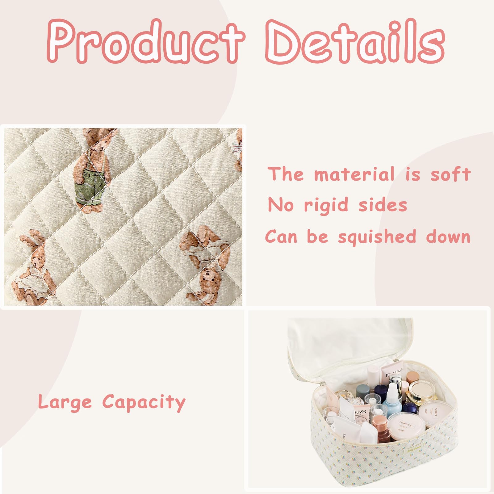 2 Pack Large Floral Quilted Makeup Bags for Women - Cotton Cosmetic Organizer Set, Cute Aesthetic Travel Toiletry Pouch for Makeup Brushes & Skincare Essentials | Perfect for Travel, Gym & Daily Use