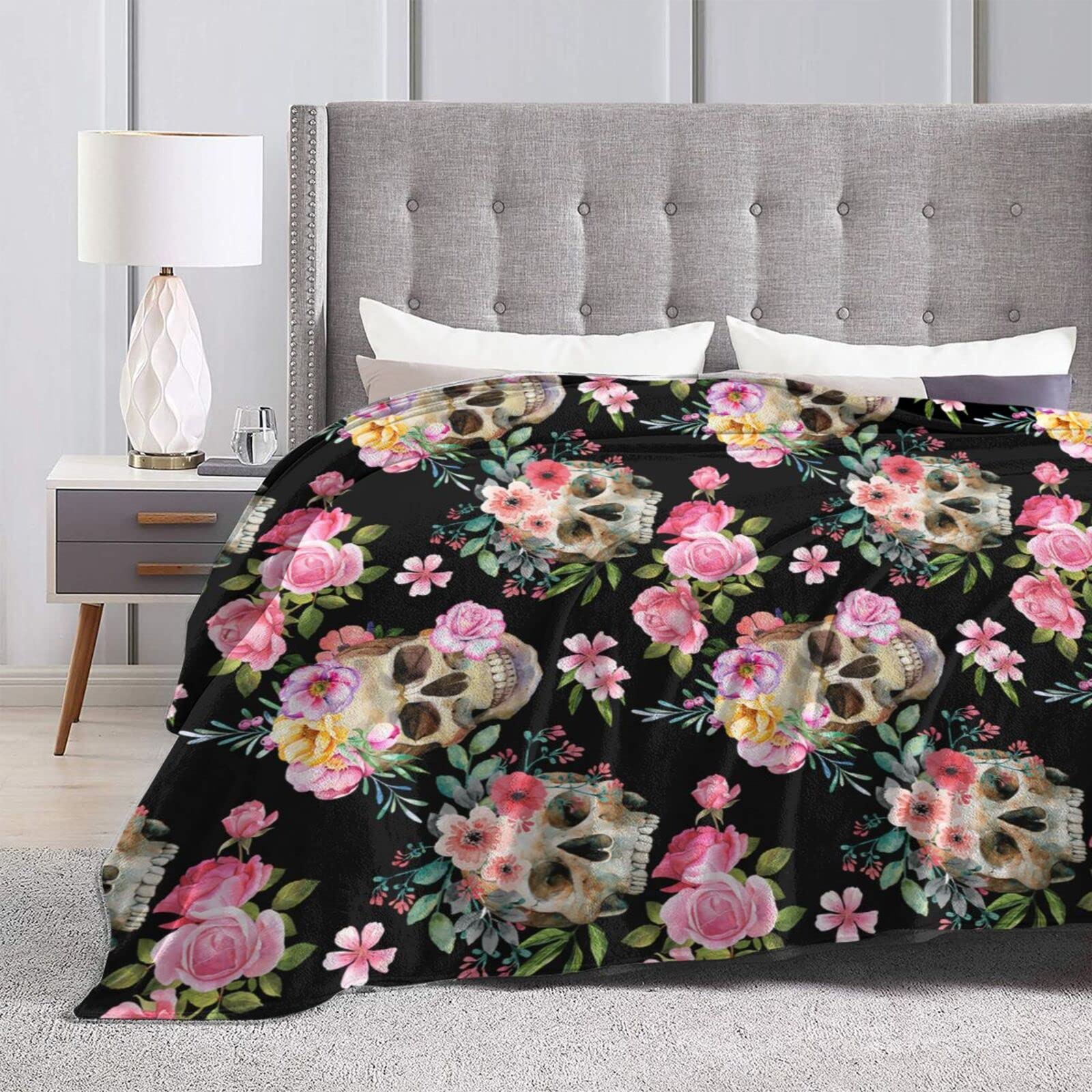Goth Floral Skull Blanket - Ultra Soft Plush Lightweight Flannel Throw for All Seasons - 60