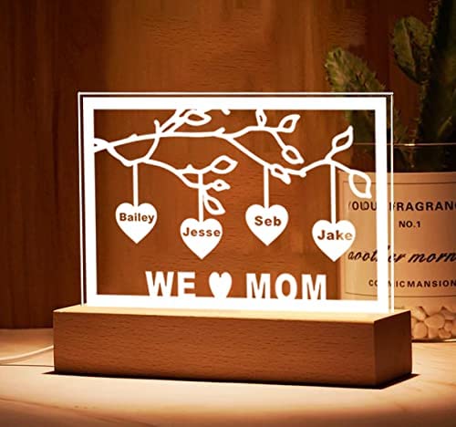 Personalized Custom Name Family Tree Acrylic Night Light - Heart-Shaped LED Home Decor Gift for Christmas, Mother's Day, Kids & Family - Perfect for Nursery, Bedroom & Living Room Decorations
