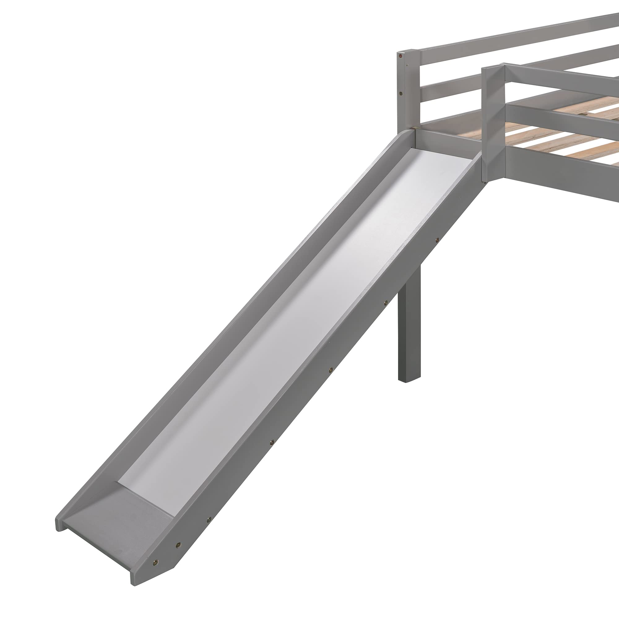 LostCat Full Loft Bed with Slide & Ladder - Low Profile Wooden Loft Bed for Kids, Teens & Adults - Sturdy Safety Guardrails - No Box Spring Needed (Grey) - Perfect for Small Bedrooms, Dorm Rooms & Kids' Play Areas