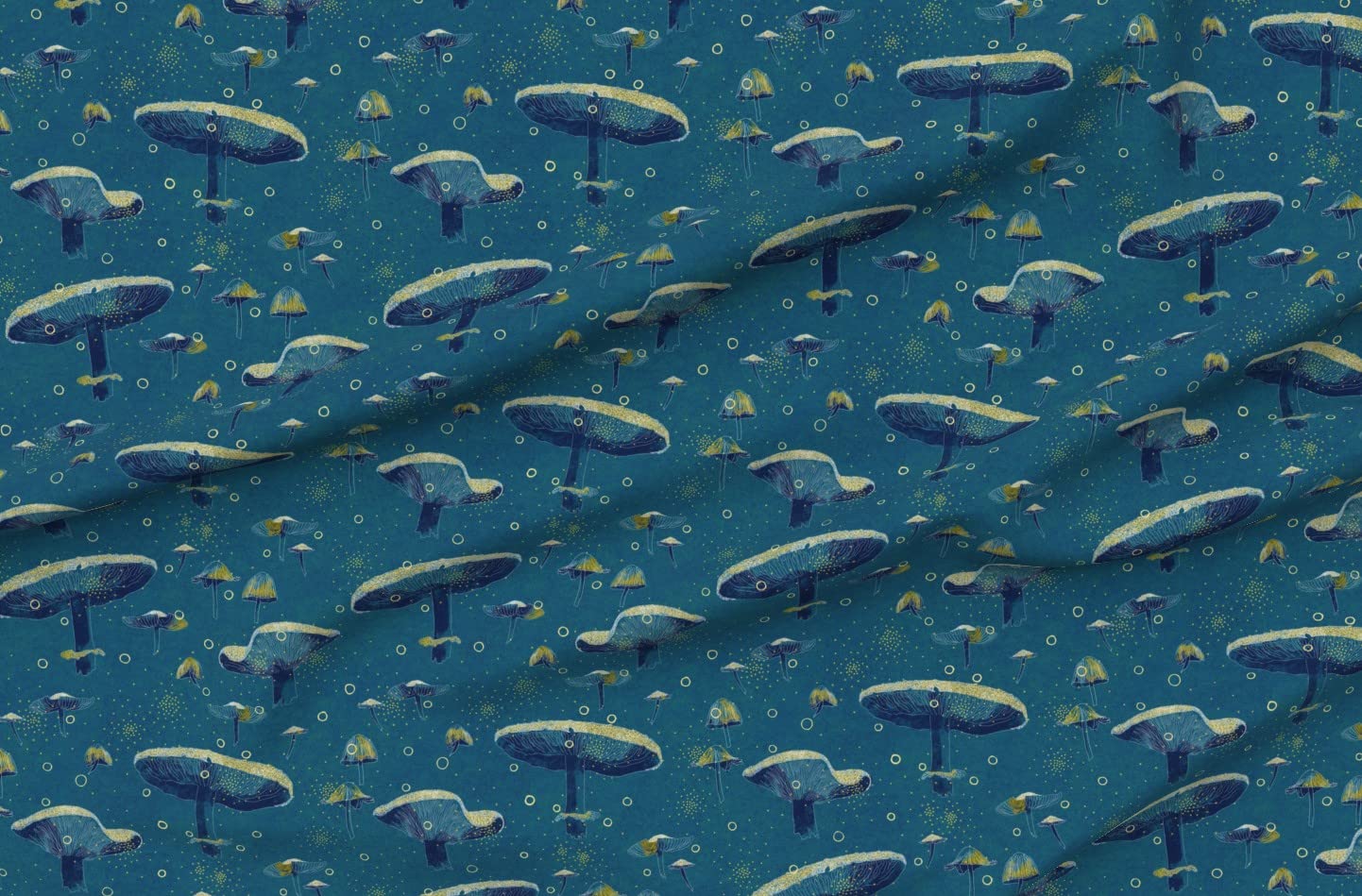 Magic Midnight Mushrooms Blue Night Printed Velvet Fabric - Upholstery, Home Decor & Apparel Material - Perfect for DIY Pillows, Curtains & Fashion Accessories