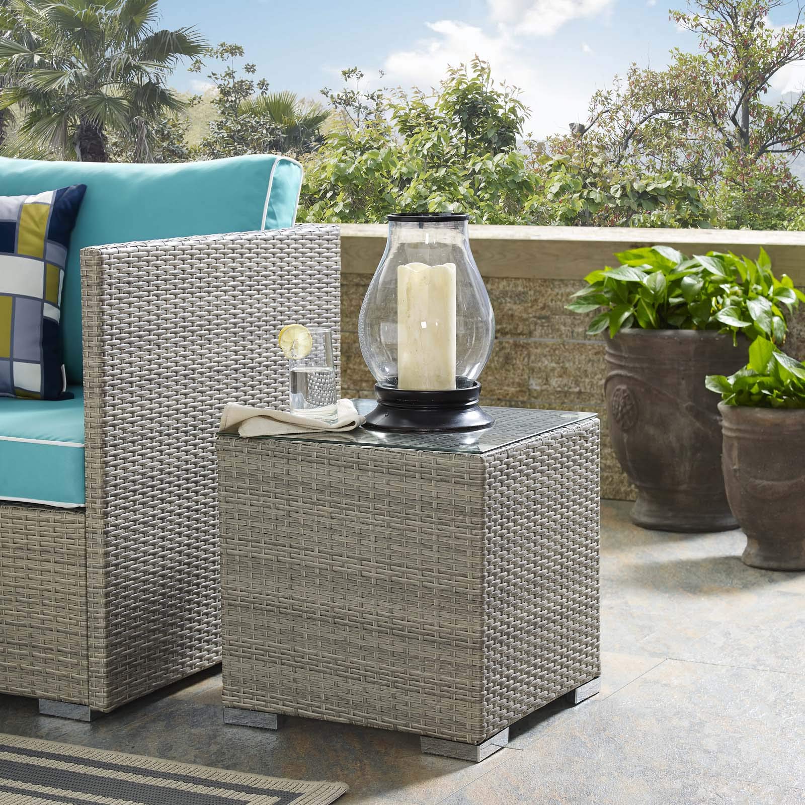 Modern Contemporary Outdoor Patio Lounge Side Table with Rattan Glass Top - Light Gray - Perfect for Poolside, Garden, or Balcony Relaxation