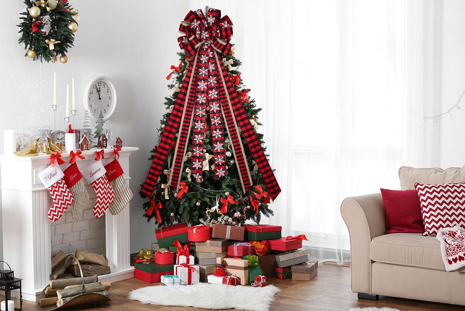 RECUTMS Christmas Tree Topper Bows - Large Red Burlap Bows for Outdoor & Indoor Holiday Decorations | Perfect for Christmas Tree Decor, Wreaths, Gift Wrapping & Fireplace Mantel