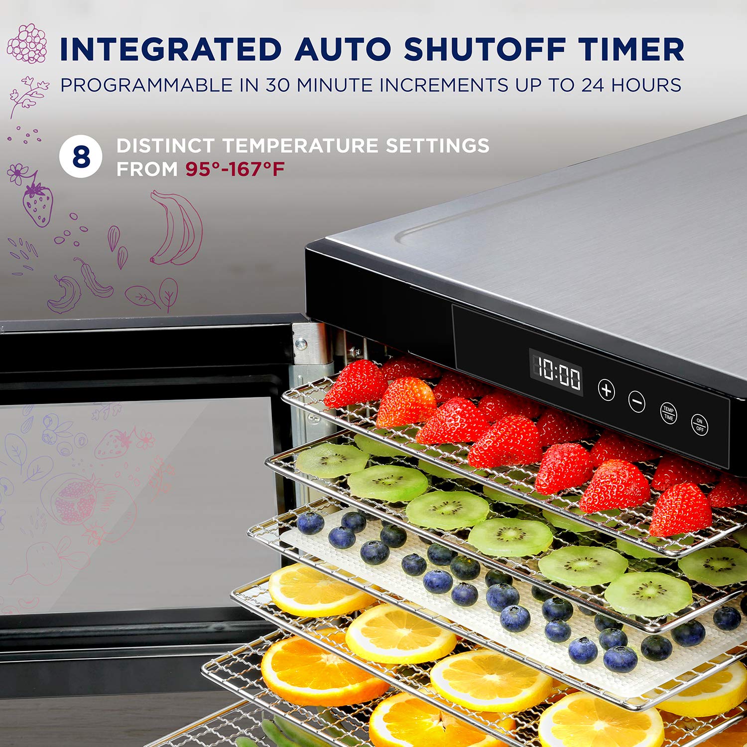 Ivation 10 Tray Commercial Food Dehydrator Machine - 1000W Stainless Steel Dryer with Digital Timer & Adjustable Temperature | Perfect for Making Beef Jerky, Drying Herbs, Fruits, Vegetables & Meat | Ideal for Home Kitchen, Camping & Food Preservation