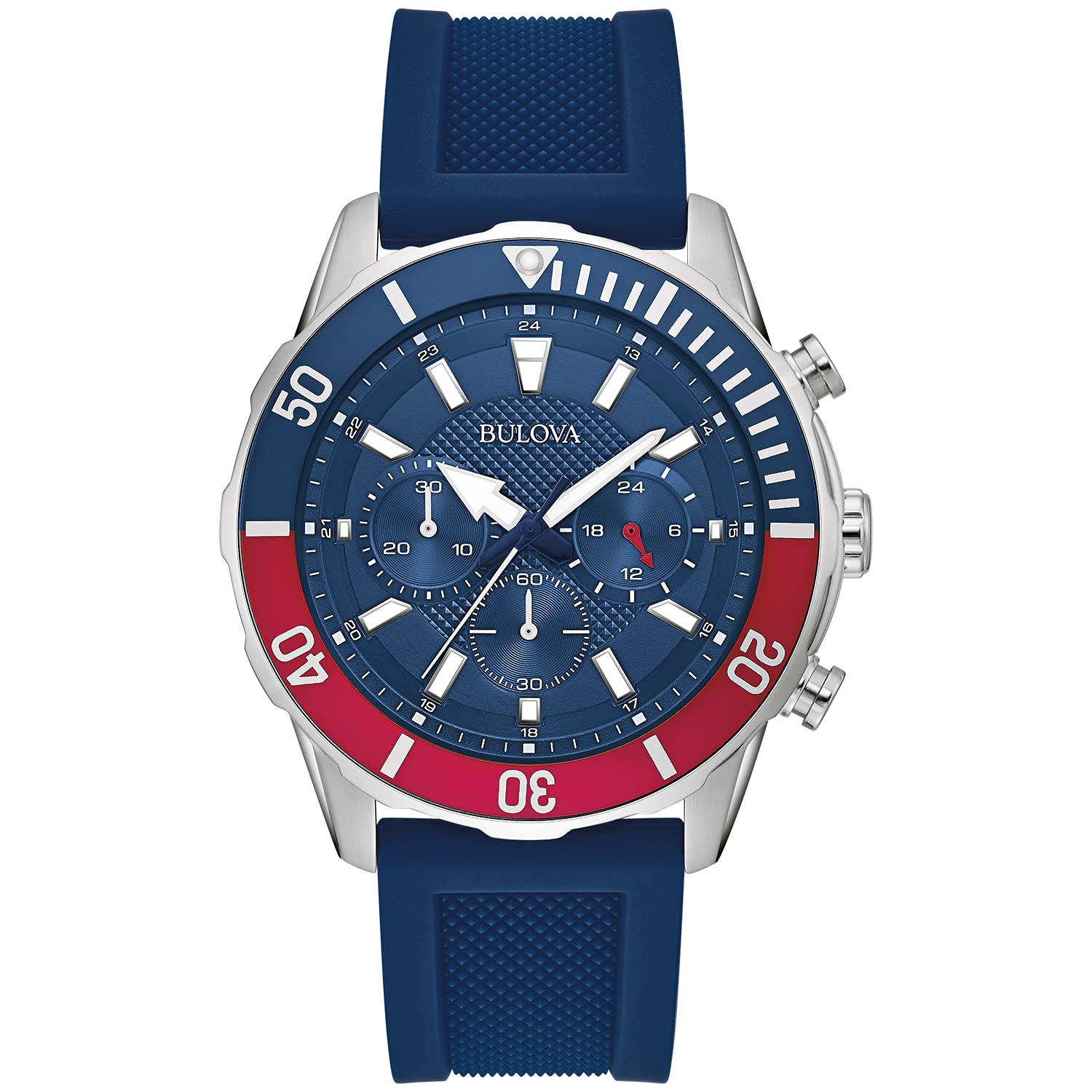 Bulova Men's Sport Chronograph Quartz Watch - 44mm 6-Hand Design with Silicone Strap, 24-Hour Time, Date Calendar, Luminous Hands & Markers, 100M Water Resistant (Model 98A288) - Perfect for Swimming, Diving & Outdoor Activities
