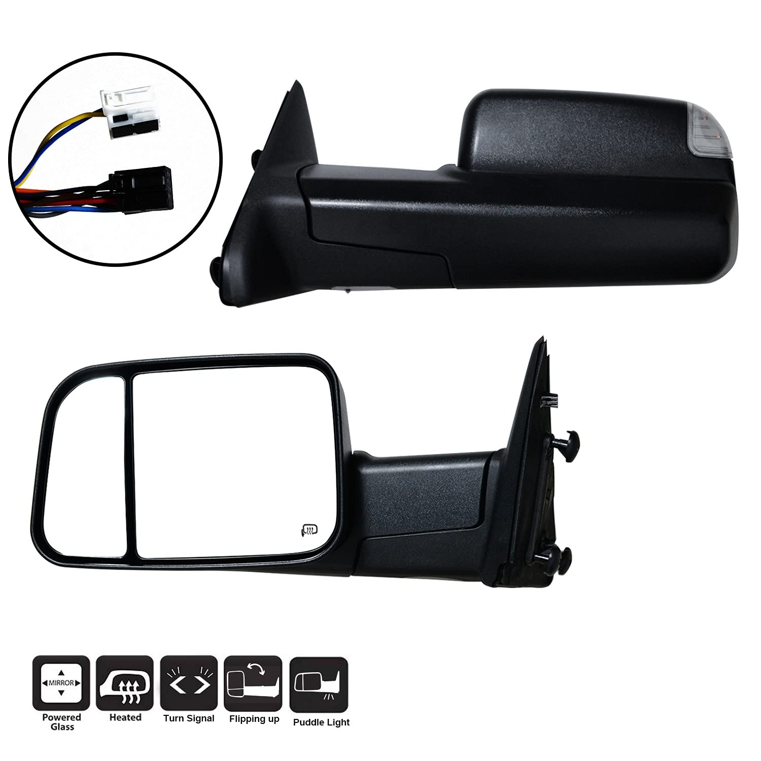 AERDM Black Towing Mirrors with Temperature Sensor & Turn Signal - Compatible with 2009-2015 Ram 1500, 2010-2015 Ram 2500/3500 - Puddle Lights & Durable Housing - Perfect for Night Driving & Heavy-Duty Towing