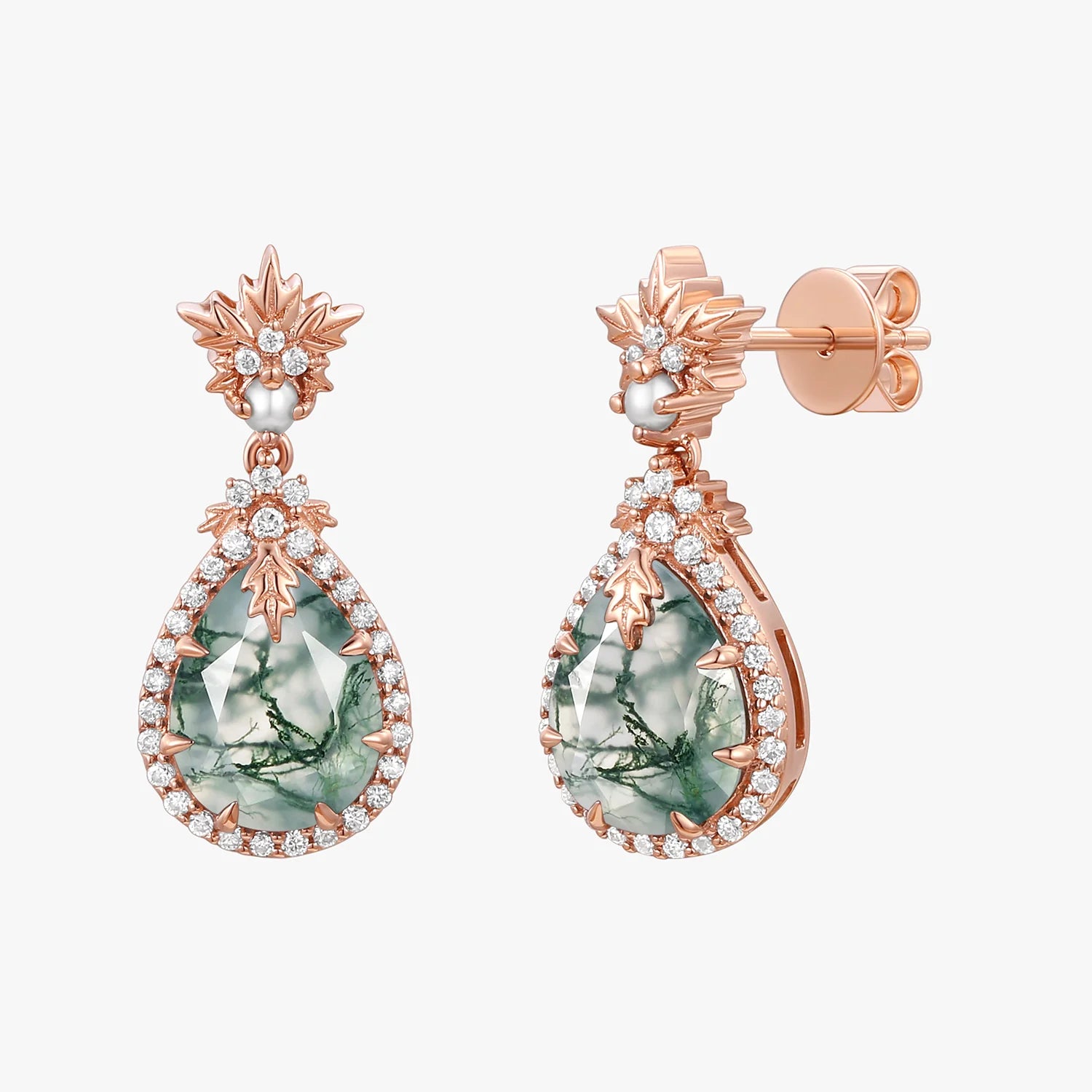 Natural Moss Agate & Pearl Vintage Inspired Yellow Gold Earrings - Elegant Dangle Earrings for Women, Perfect for Weddings, Parties & Special Occasions