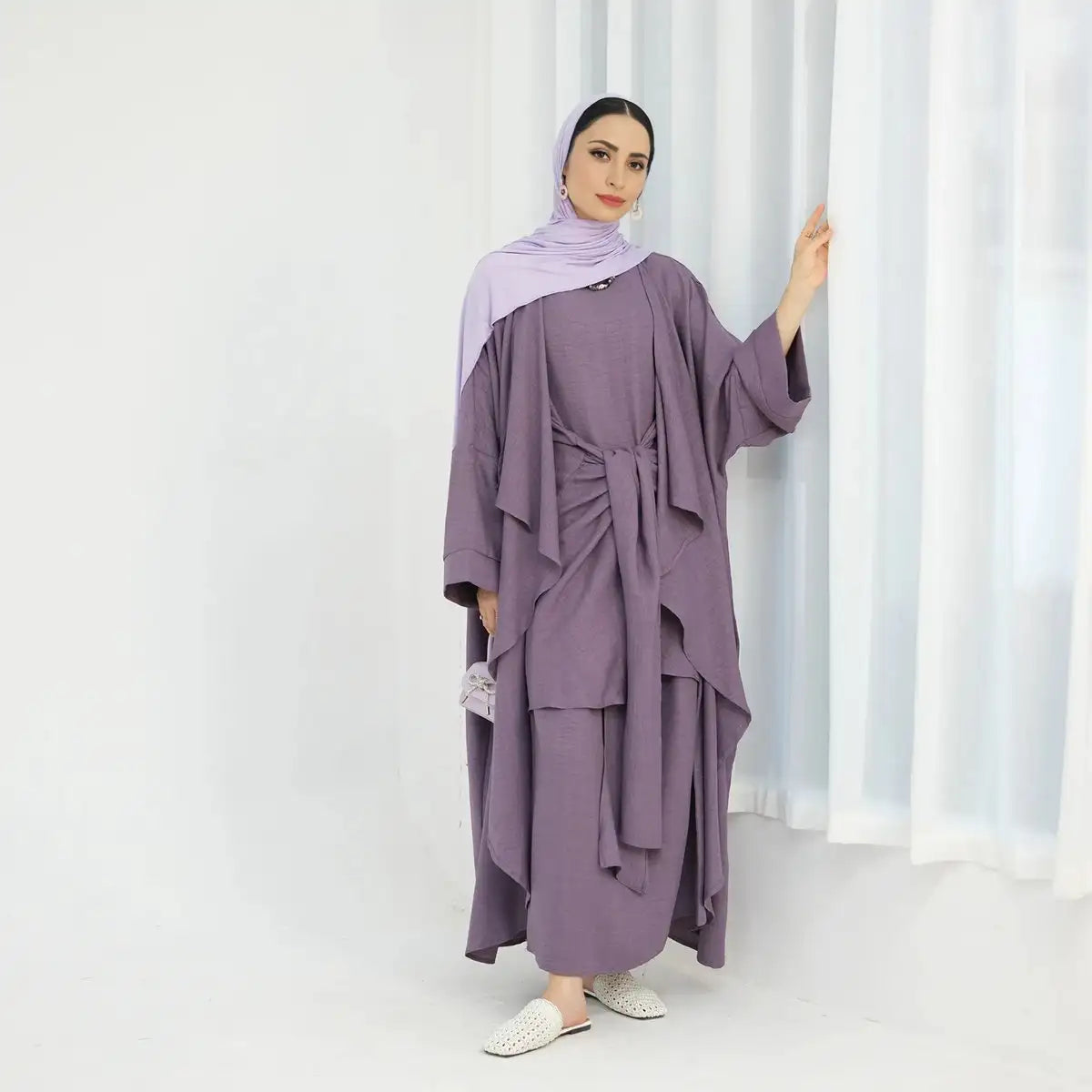 2-Piece Wrinkle-Free Open Abaya Dress Set with Inner Sleeveless Dress - Modest Muslim Fashion for Prayer, Eid, and Special Occasions