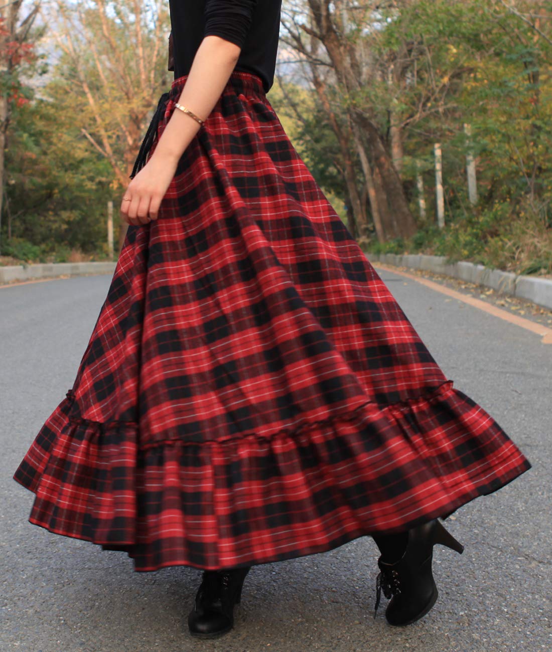 Vintage Plaid Wool Maxi Skirt for Women - Elastic Waist A-Line Long Skirt - Warm Winter Fashion Skirt for Office, Party & Holiday Outfits