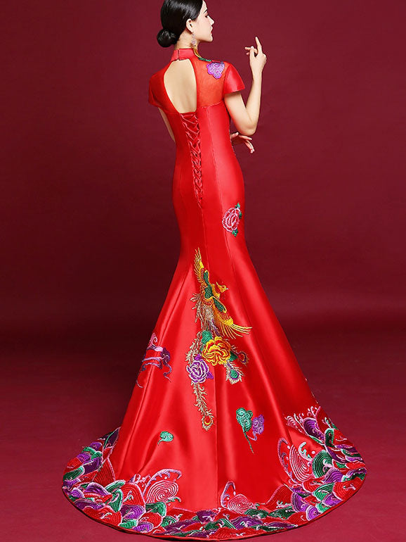 Elegant Phoenix Trumpet Mermaid Wedding Cheongsam Qipao Dress for Brides - Perfect for Vintage Themed Weddings, Evening Galas, and Special Occasions